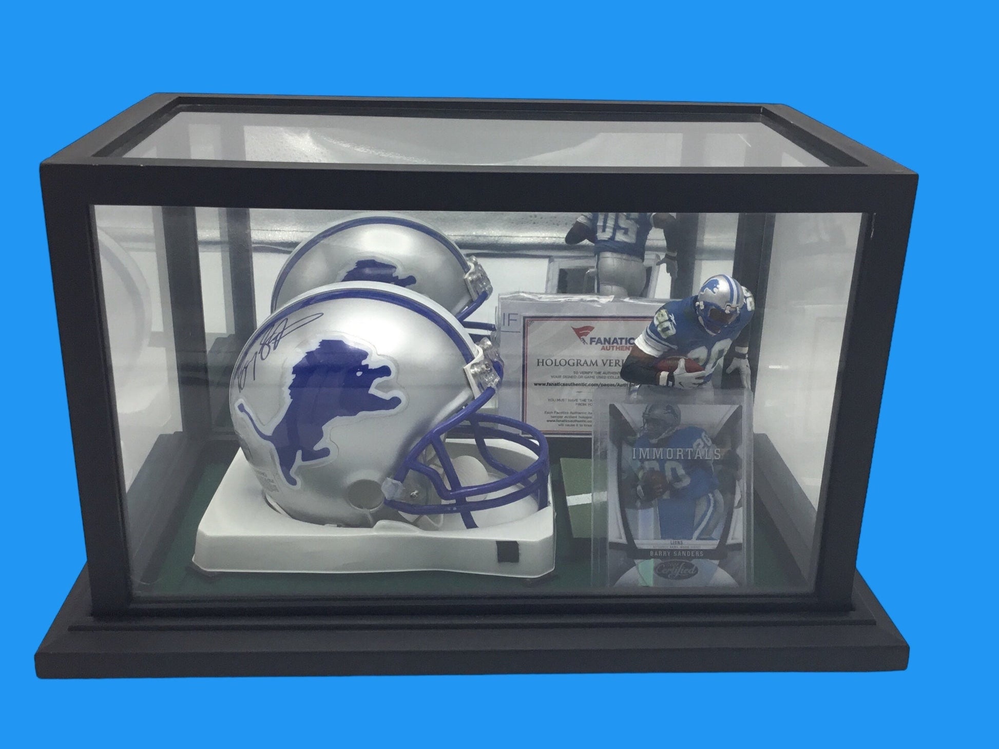 Barry Sanders Lions Autographed Mini Helmet Shadowbox w/ Game Worn Jersey Card #/250 and Figure