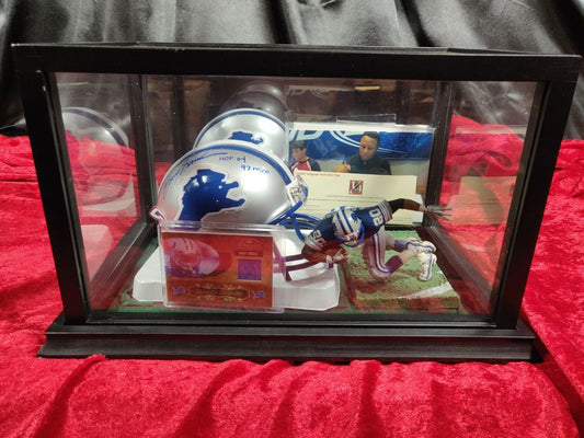 Barry Sanders Lions Autographed Mini Helmet Shadowbox w/ Jersey Card and Figure