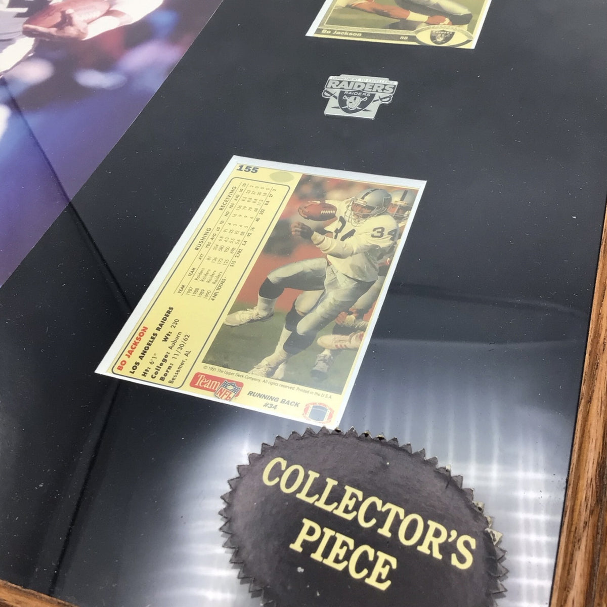 Bo Jackson LA Raiders Framed Photo, Cards, and Enamel Pin Display