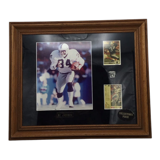 Bo Jackson LA Raiders Framed Photo, Cards, and Enamel Pin Display
