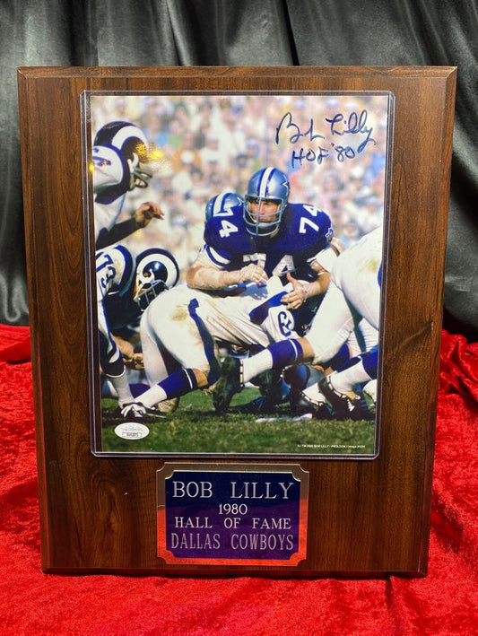 Bob Lilly Signed 8x10 Photo on Plaque Dallas Cowboys HOF 80 JSA COA