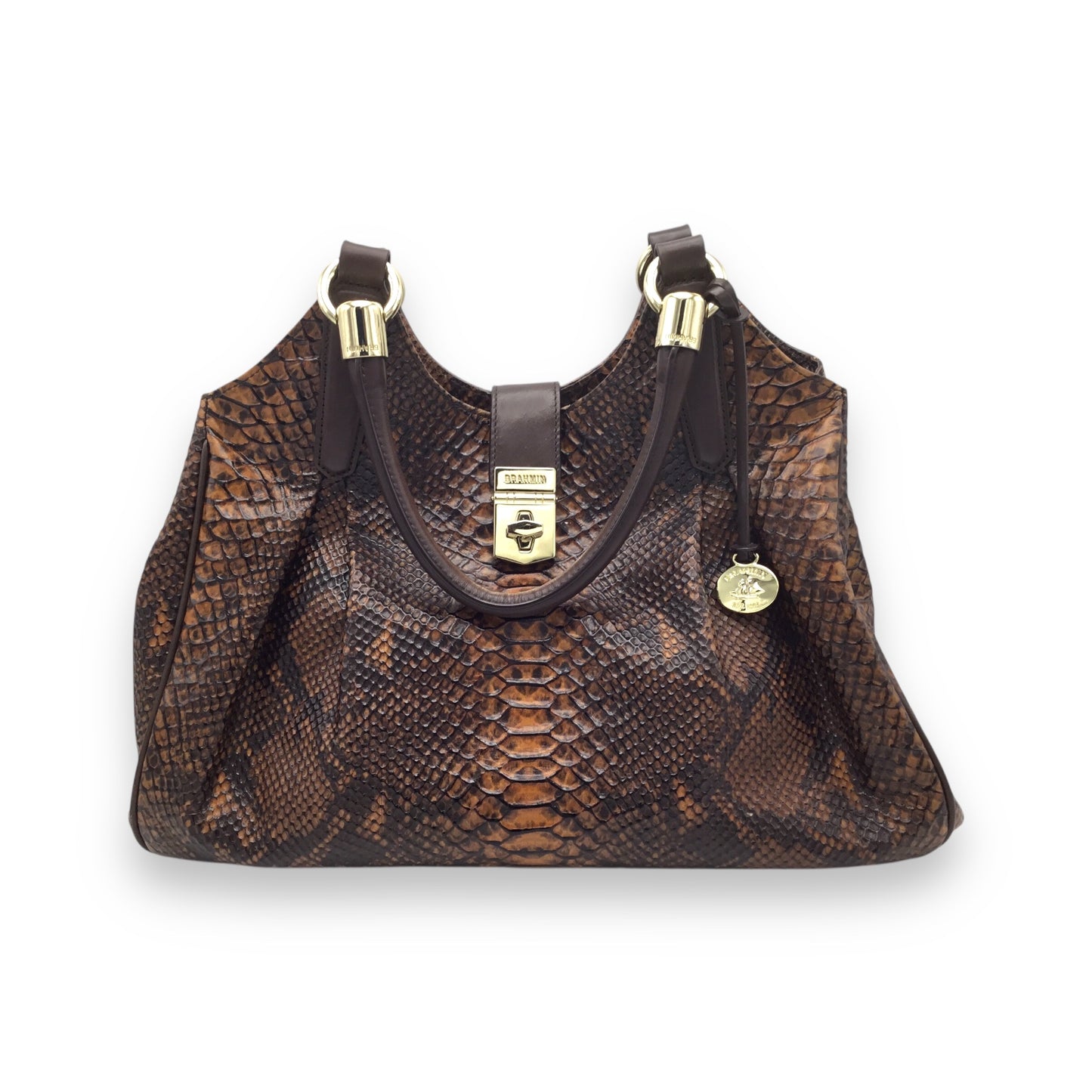 Brahmin Elise Handbag Brown Leather w/ Tortoise Embossed Look