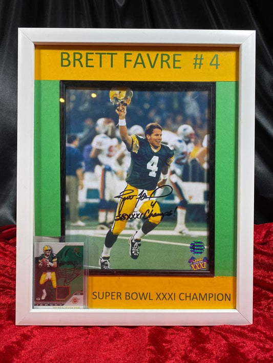 Brett Favre #4 Signed Framed Photo w/ Game-Worn Jersey Card Certified