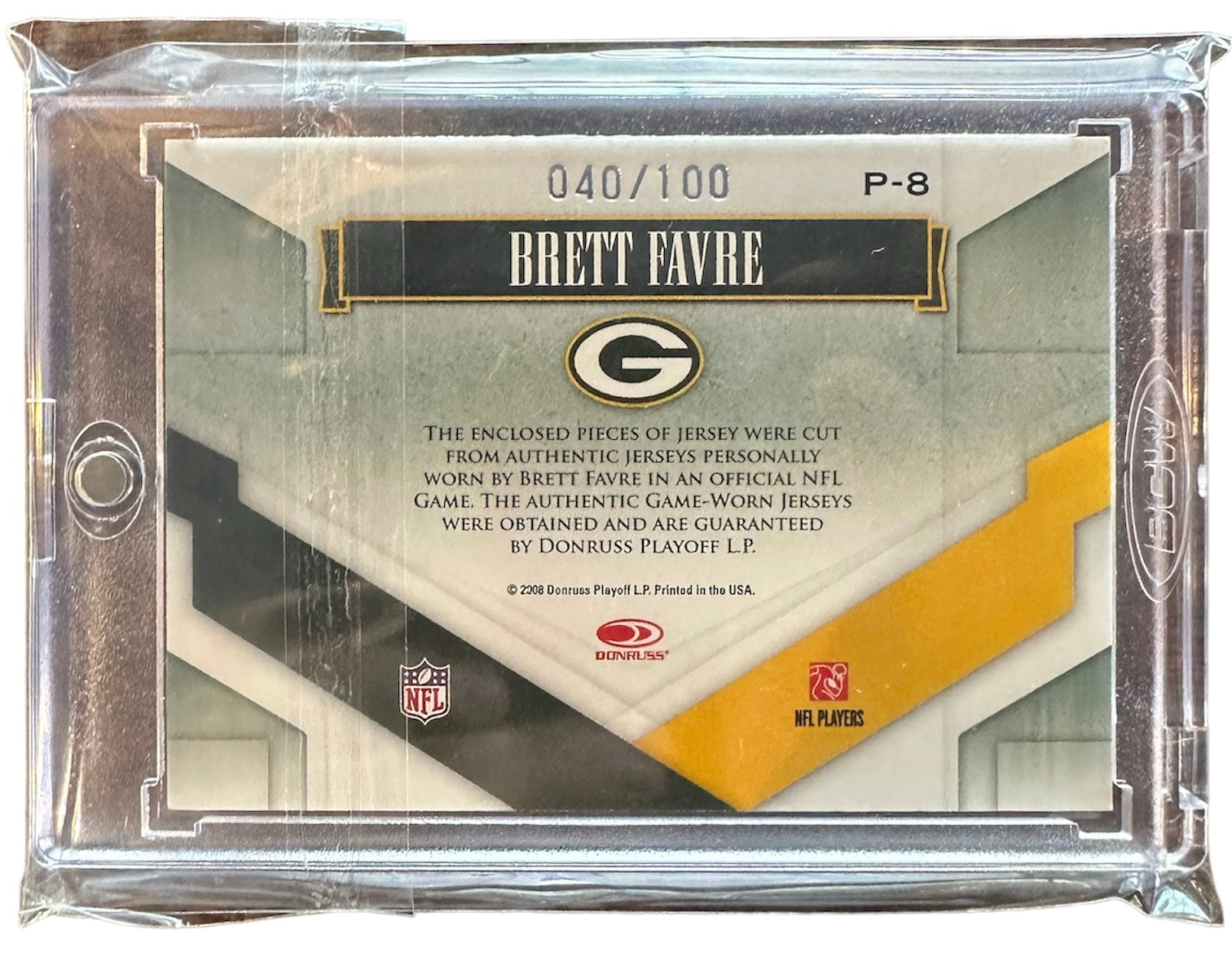 Brett Favre Game Worn Patch Card 40/100 Green Bay Packers