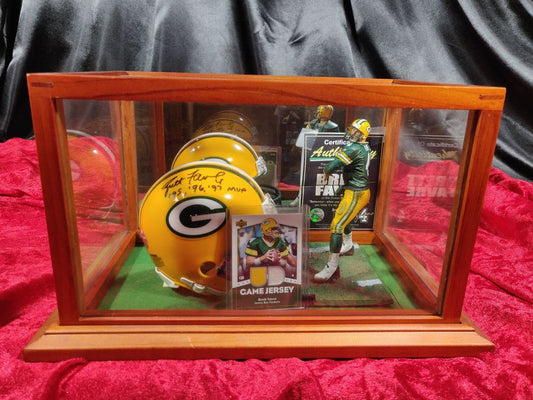 Brett Favre Packers Signed Mini Helmet Shadowbox w/ Jersey Card & Figure