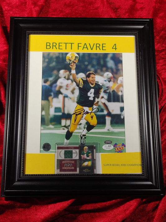 Brett Favre Signed 8x10 Photo Framed w/ Packers Jersey Card, JSA Certified