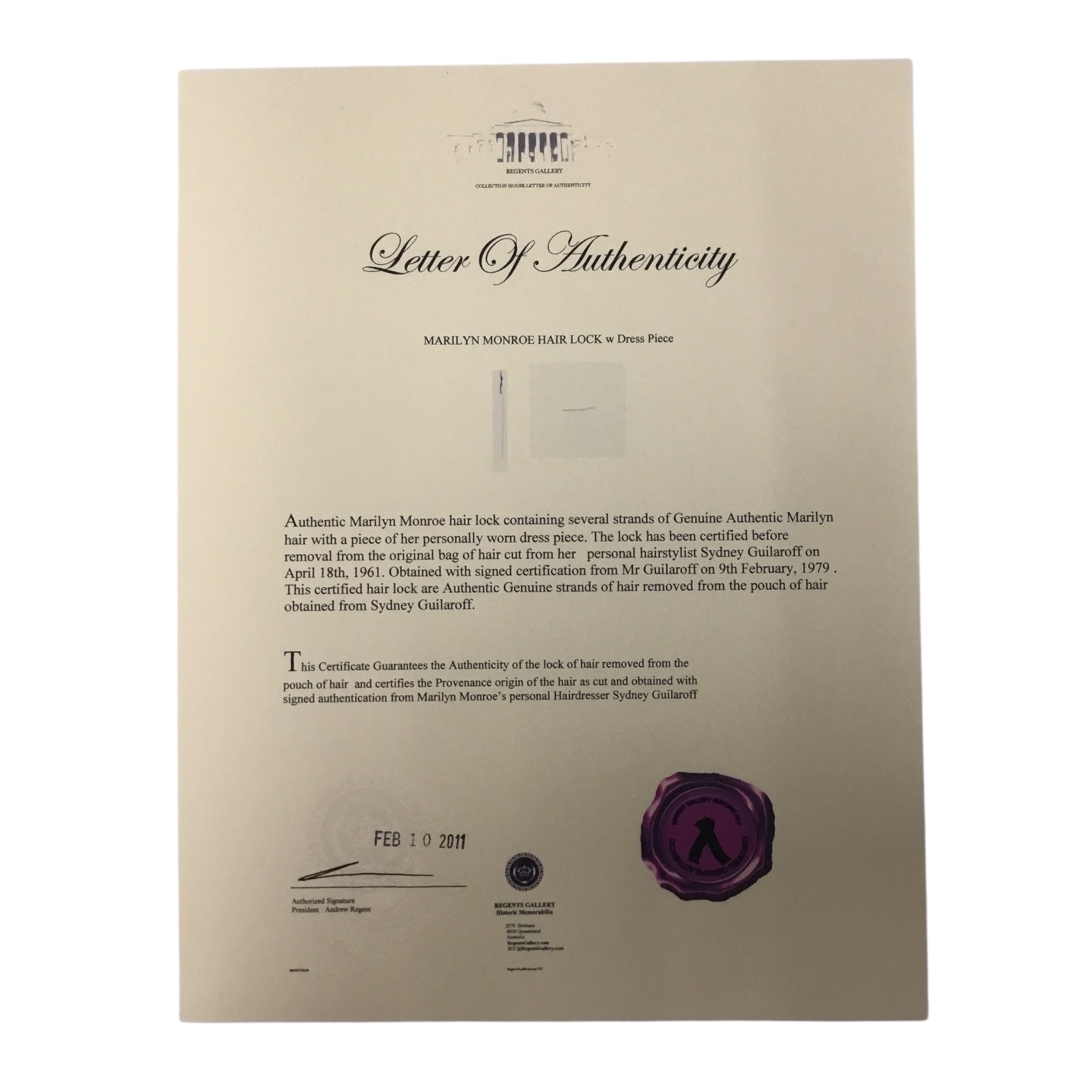 Marilyn Monroe Original Hair Lock with Used Dress Piece and COA