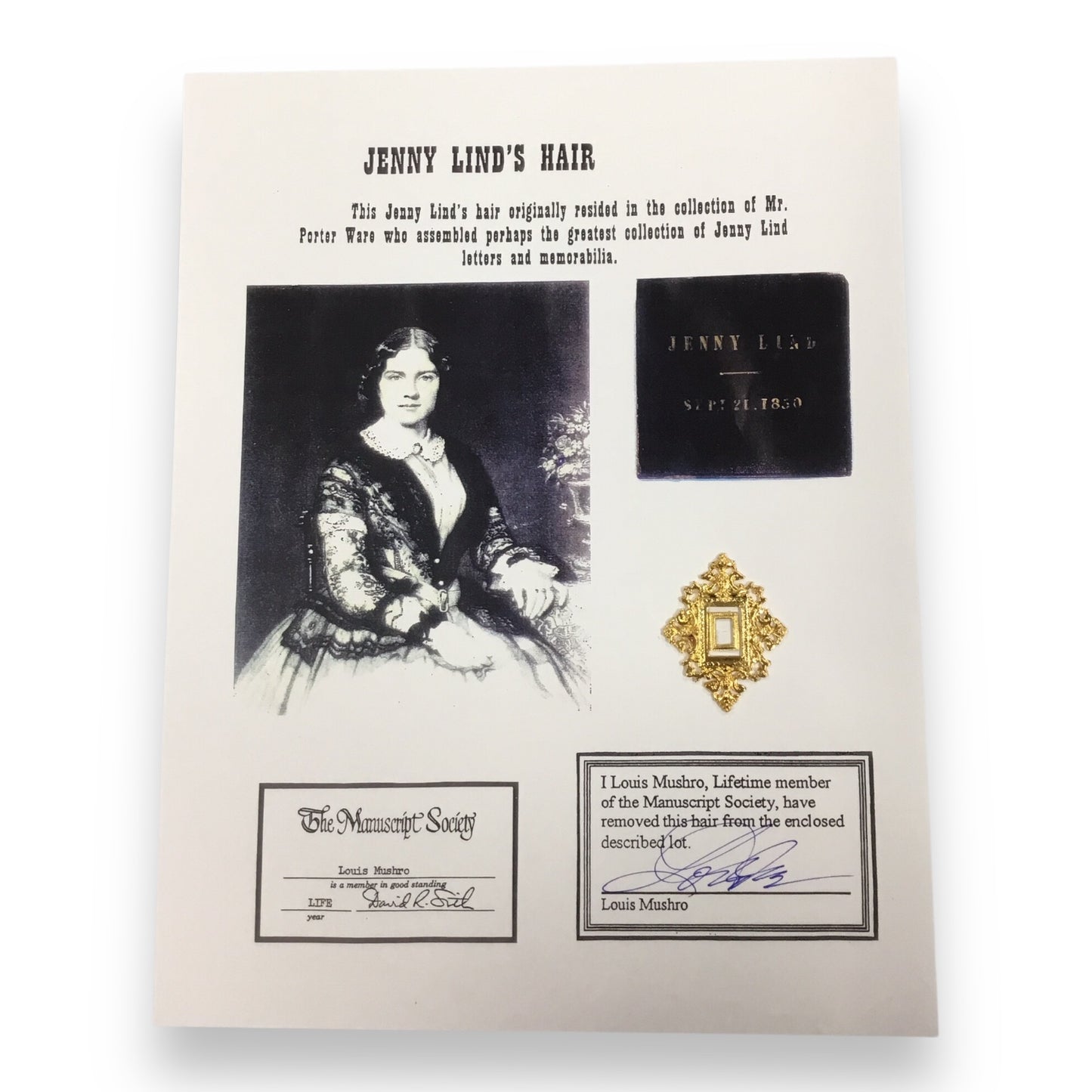 Jenny Lind, the Swedish Nightengale, Hair Clipping with COA
