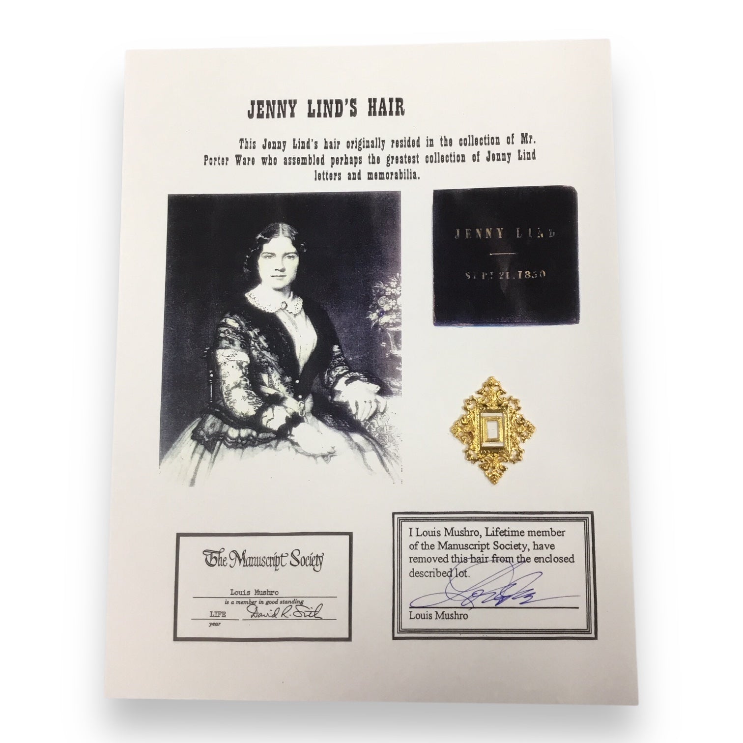 Jenny Lind, the Swedish Nightengale, Hair Clipping with COA