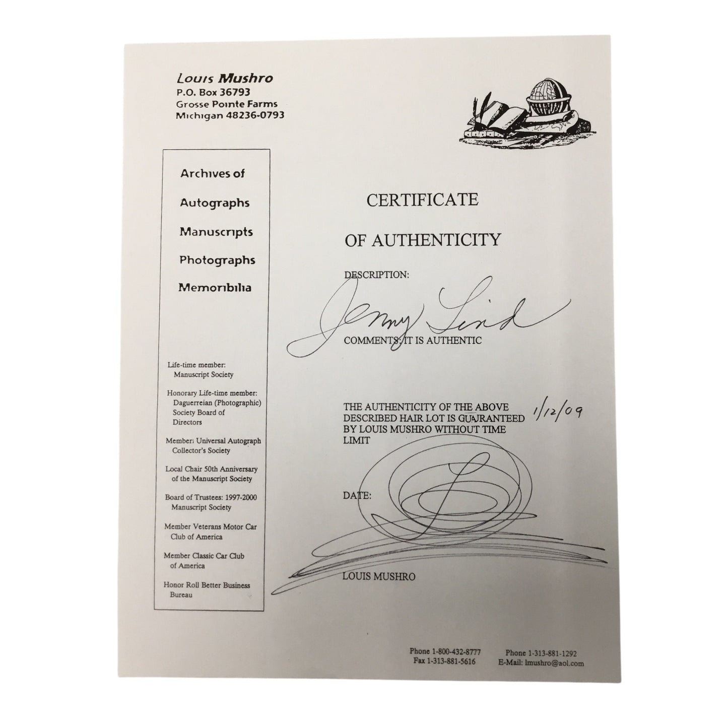 Jenny Lind, the Swedish Nightengale, Hair Clipping with COA