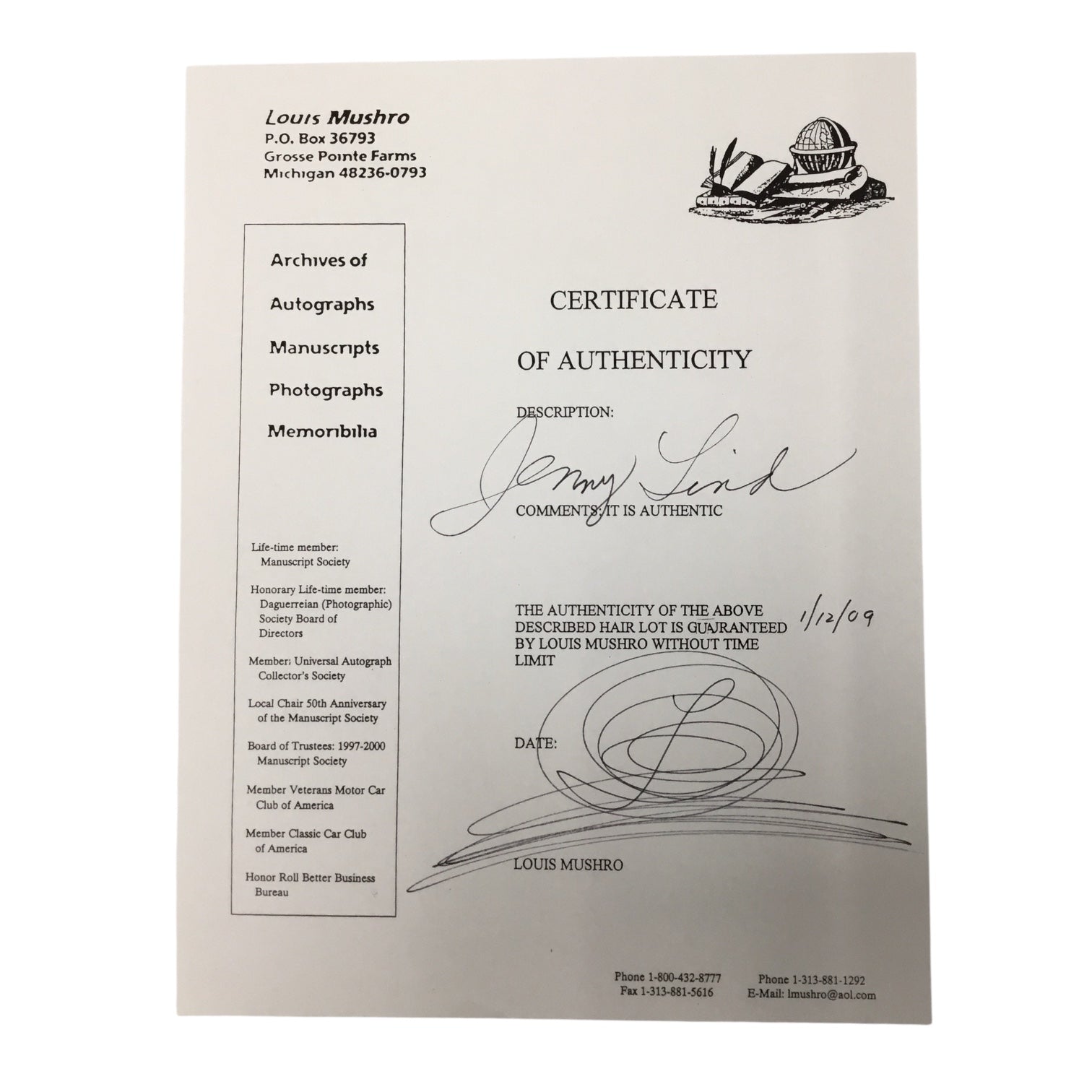 Jenny Lind, the Swedish Nightengale, Hair Clipping with COA