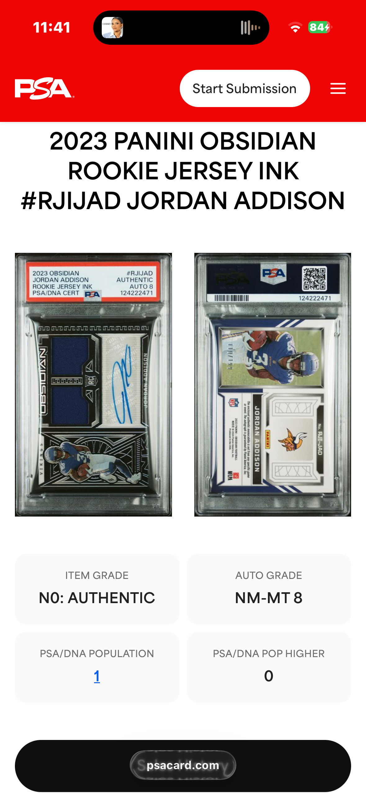 2023 Obsidian Rookie Jersey Ink /199 Jordan Addison Auth Auto PSA 8 Pop 1! - 124222471
