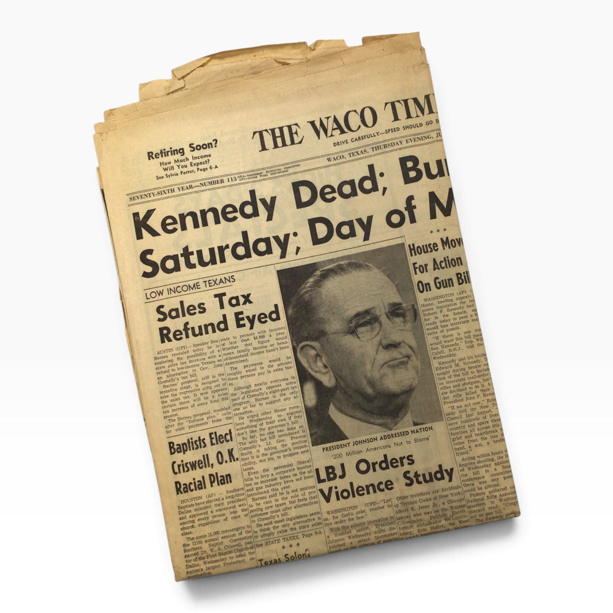 The Waco Times-Herald June 6, 1968 – Senator Robert Kennedy Dead – Burial in Arlington Saturday – Original Newspaper