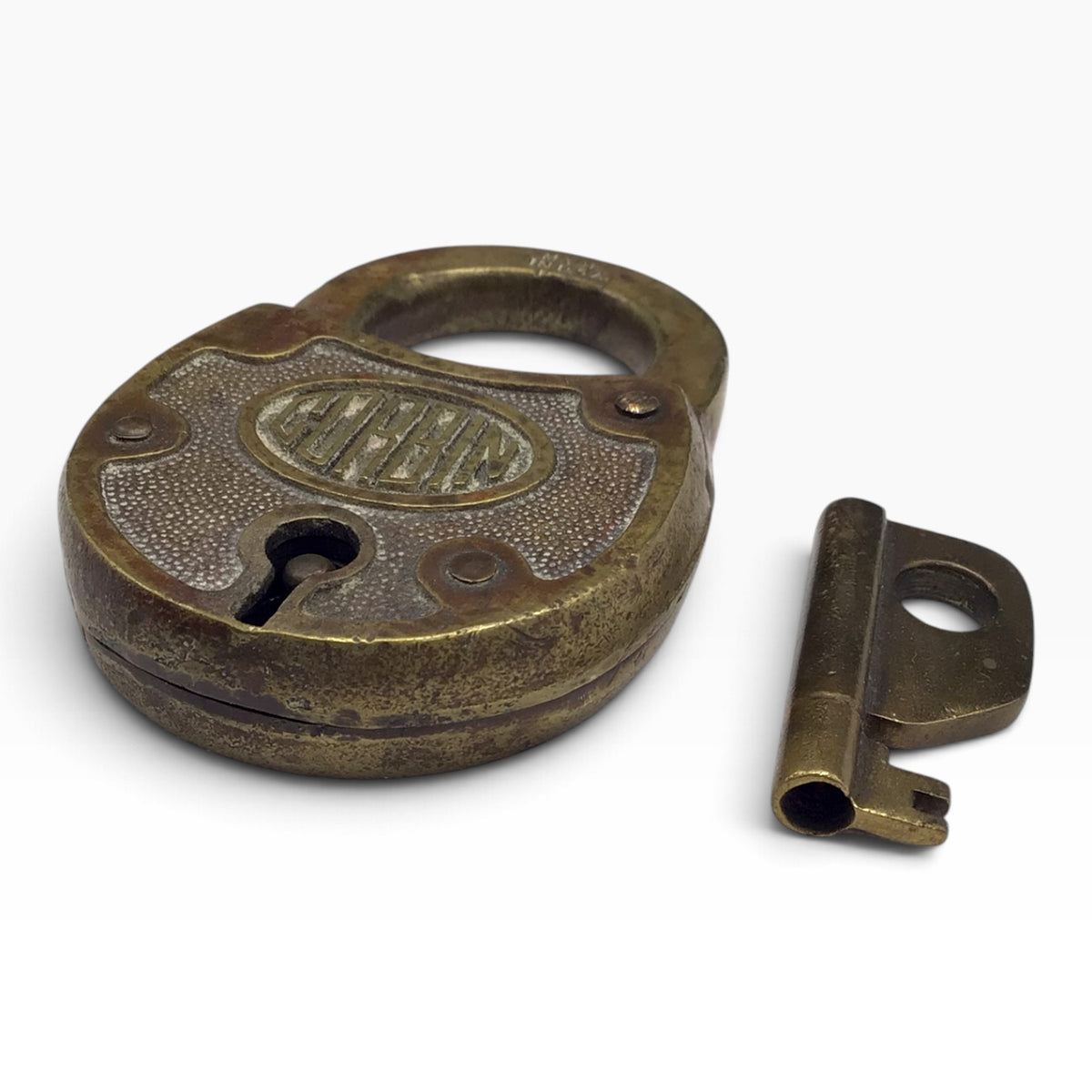 Antique CORBIN Cabinet Lock Co. Brass Padlock with Barrel-Style Key