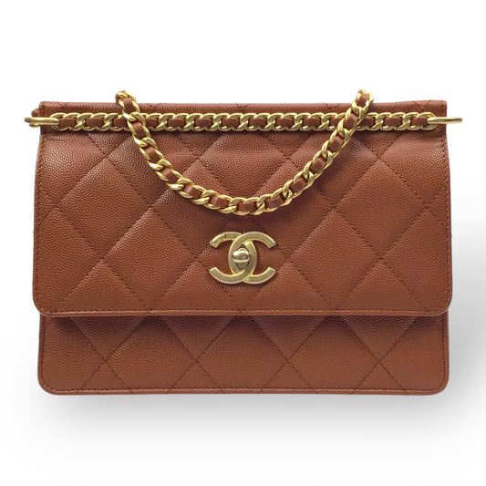 CHANEL Brown Caviar Chain Frame Flap Bag w/ Box & Dust Bag