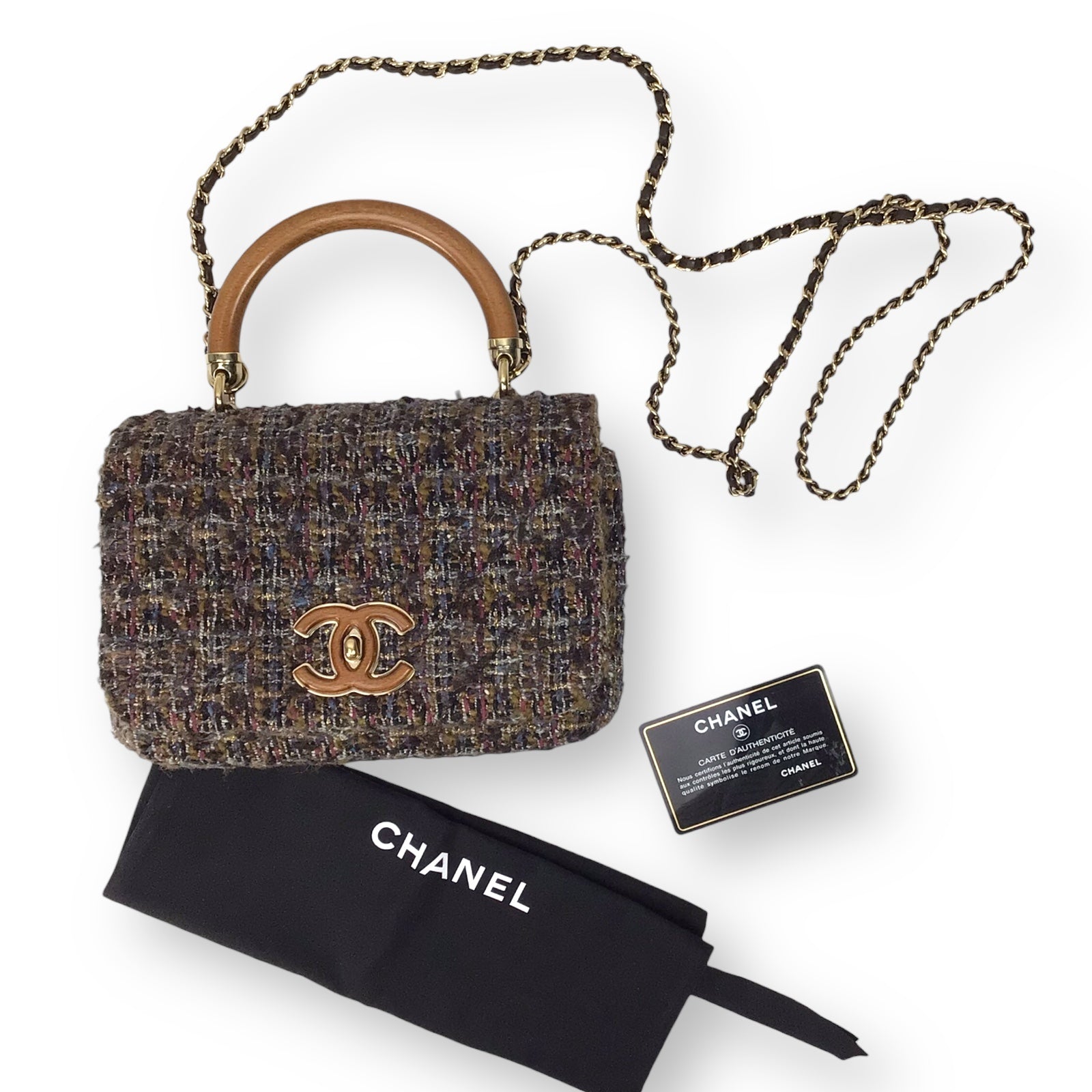 CHANEL Knock on Wood Flap Bag Tweed Multicolor 2018 w/ Card