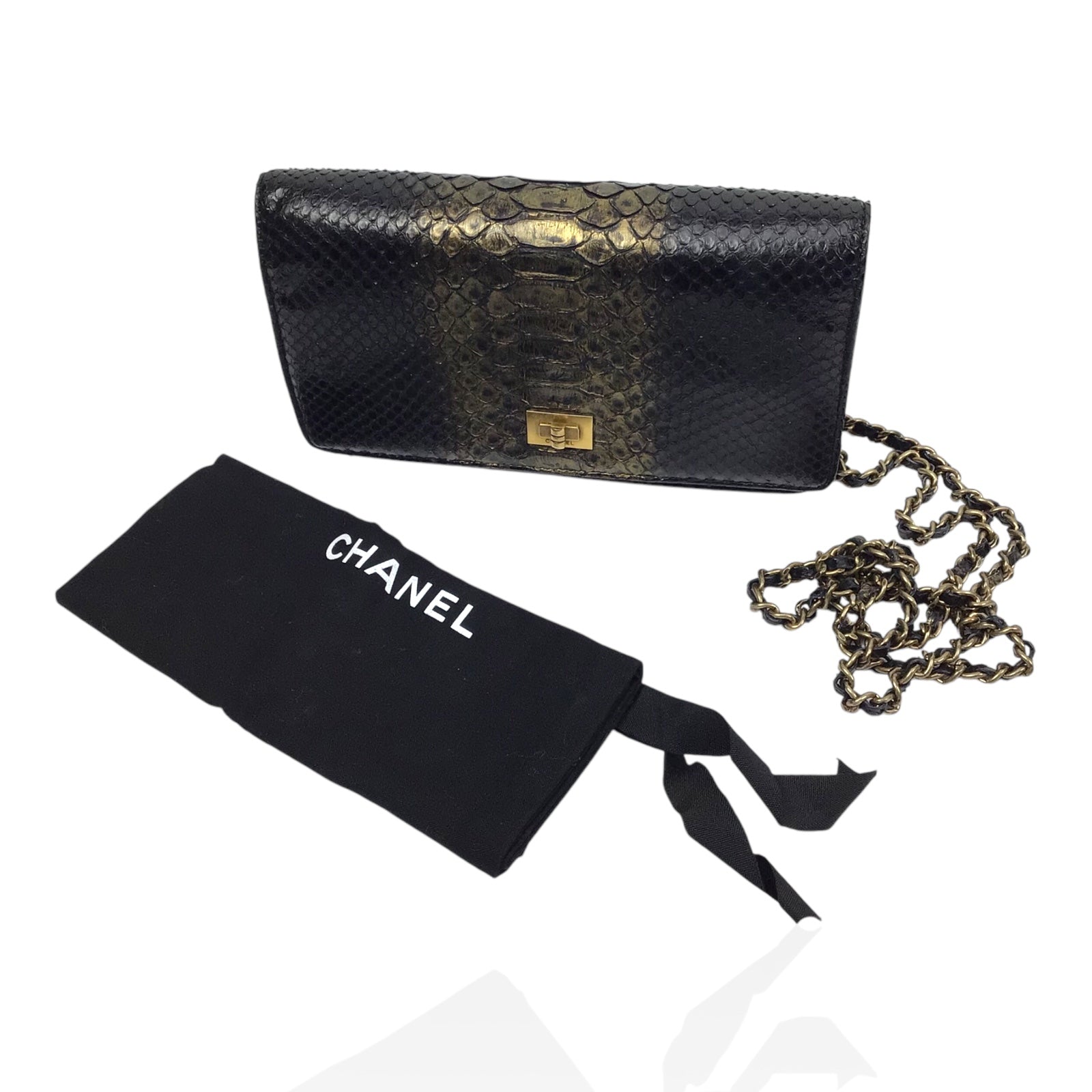 CHANEL Python Wallet On Chain WOC Black and Gold Evening Bag Purse