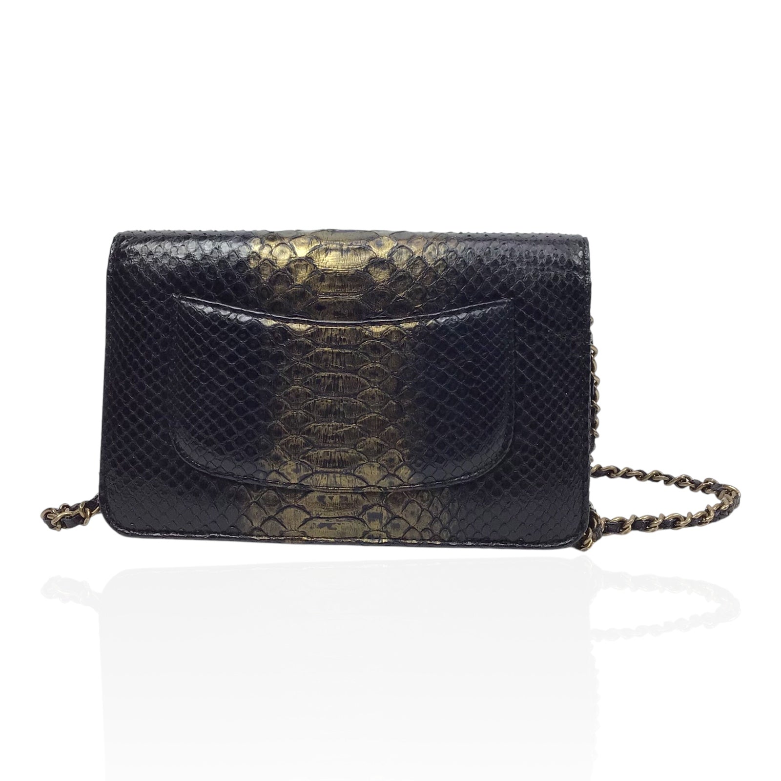 CHANEL Python Wallet On Chain WOC Black and Gold Evening Bag Purse