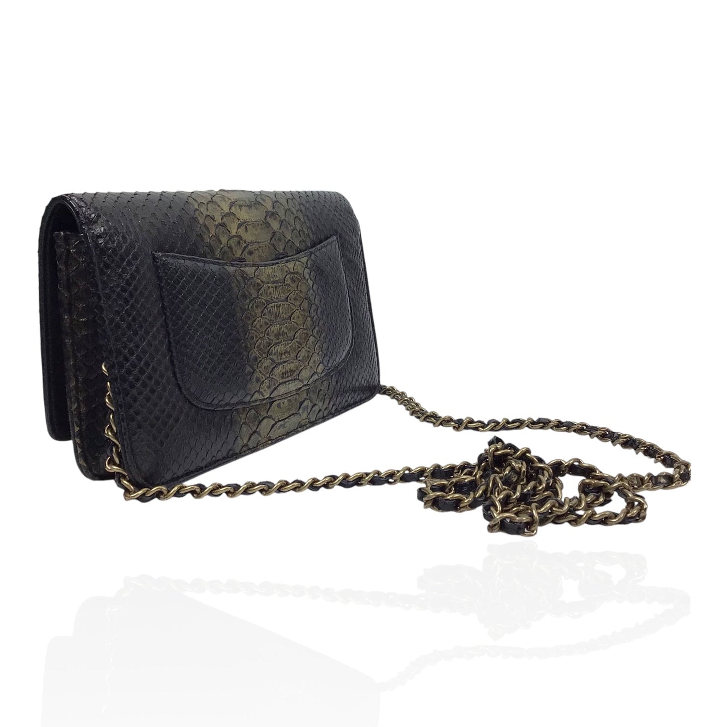 CHANEL Python Wallet On Chain WOC Black and Gold Evening Bag Purse