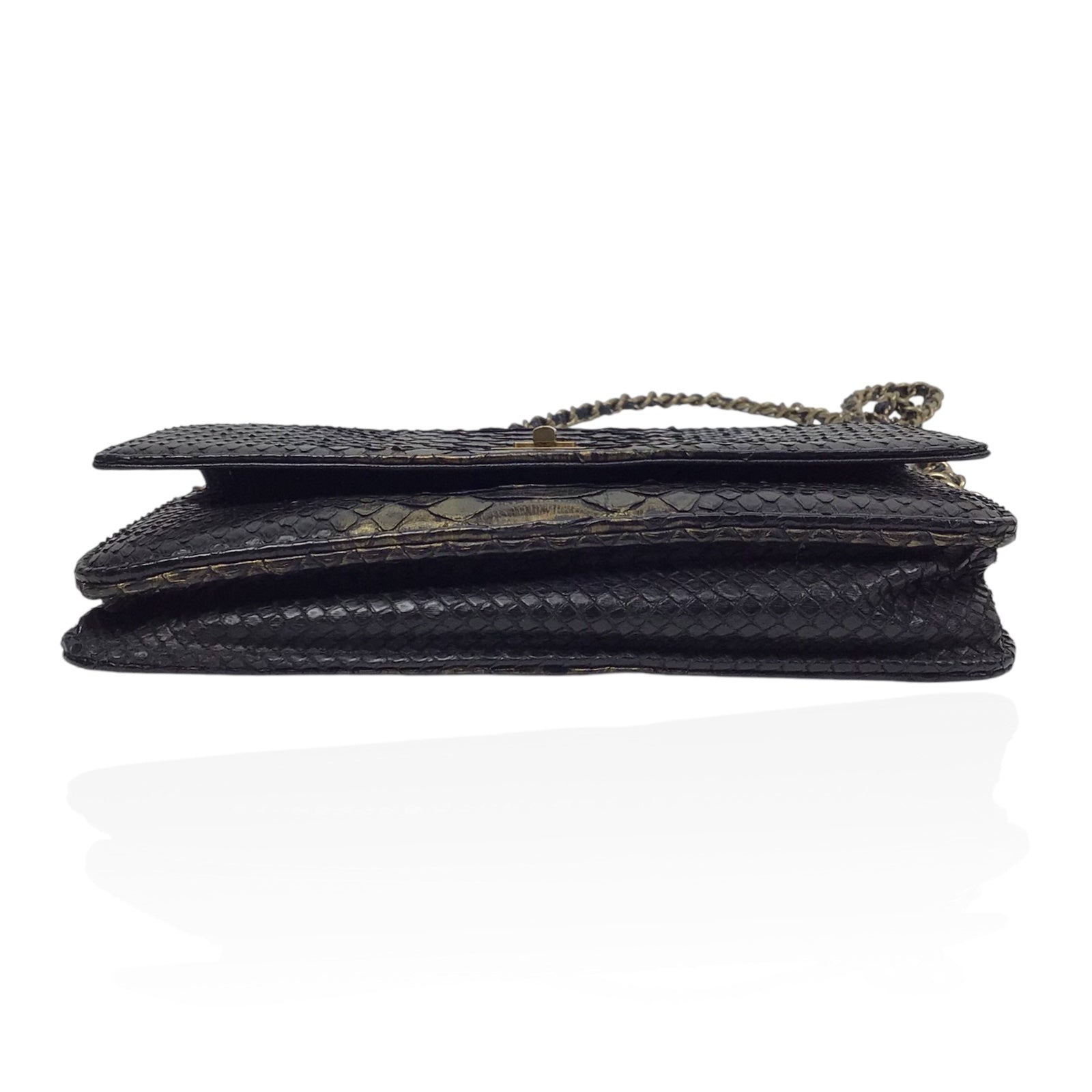 CHANEL Python Wallet On Chain WOC Black and Gold Evening Bag Purse