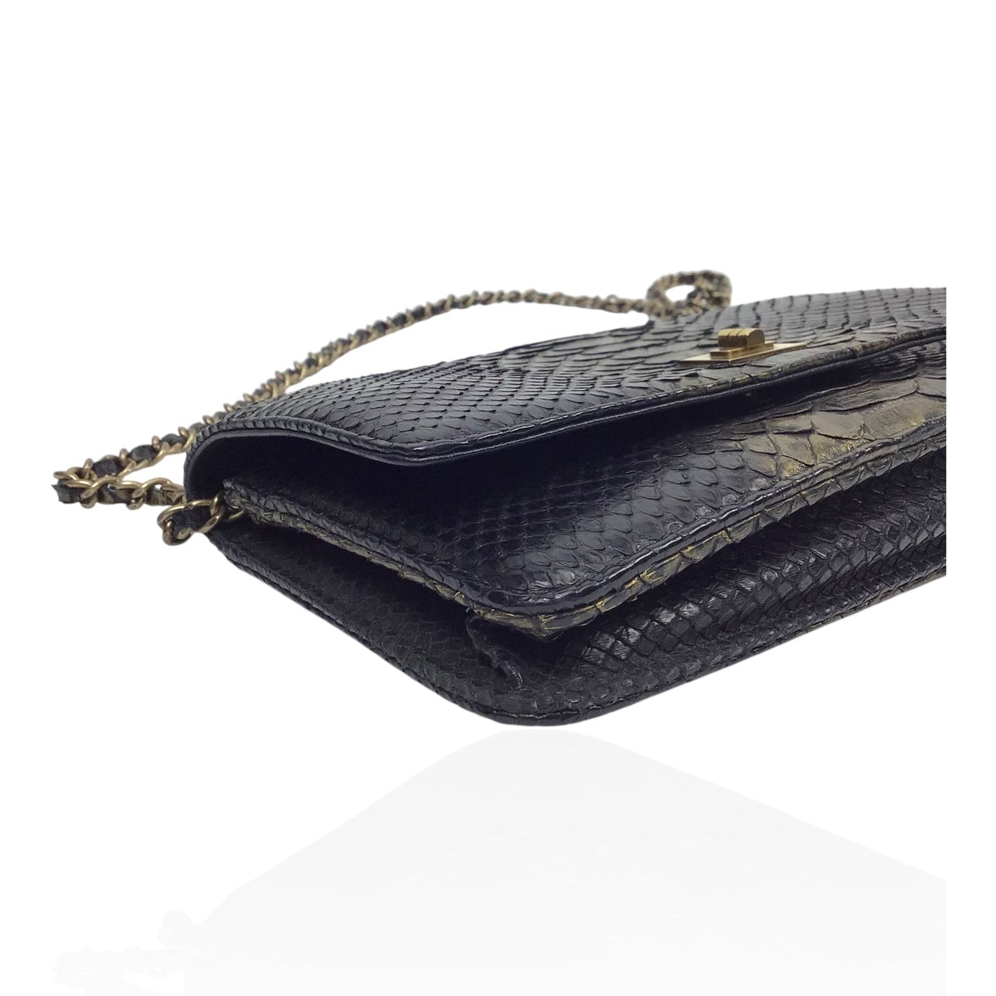 CHANEL Python Wallet On Chain WOC Black and Gold Evening Bag Purse