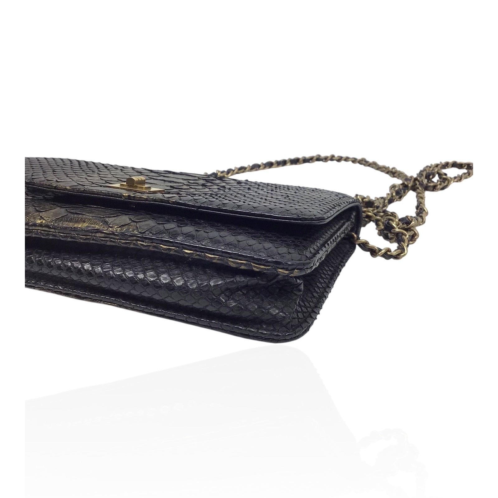 CHANEL Python Wallet On Chain WOC Black and Gold Evening Bag Purse