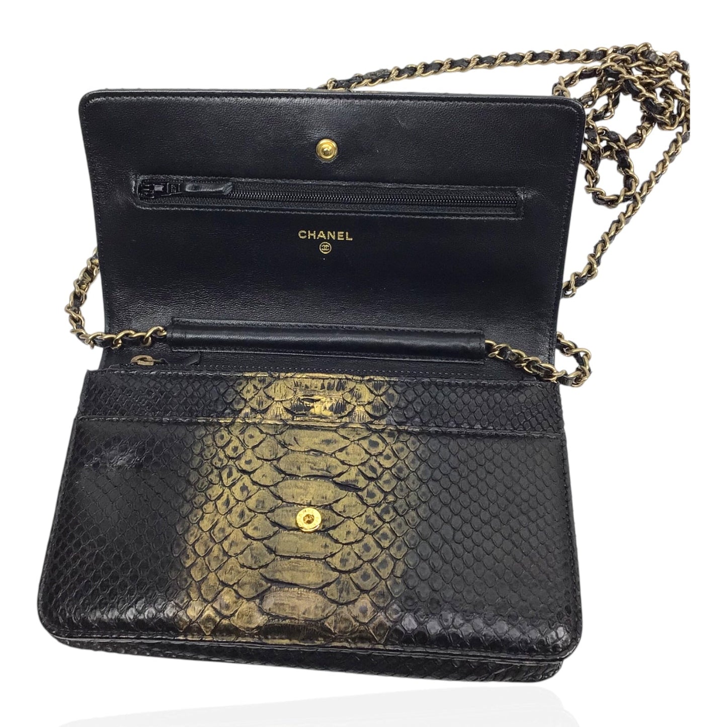 CHANEL Python Wallet On Chain WOC Black and Gold Evening Bag Purse