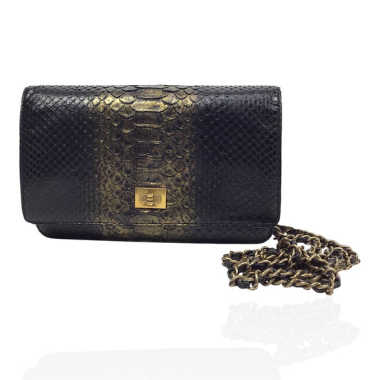 CHANEL Python Wallet On Chain WOC Black and Gold Evening Bag Purse