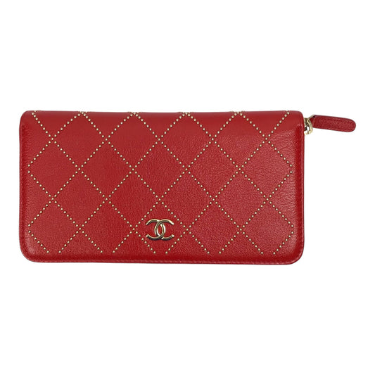 CHANEL Red Caviar Leather Studded Zip Wallet w/ Box & Auth Card