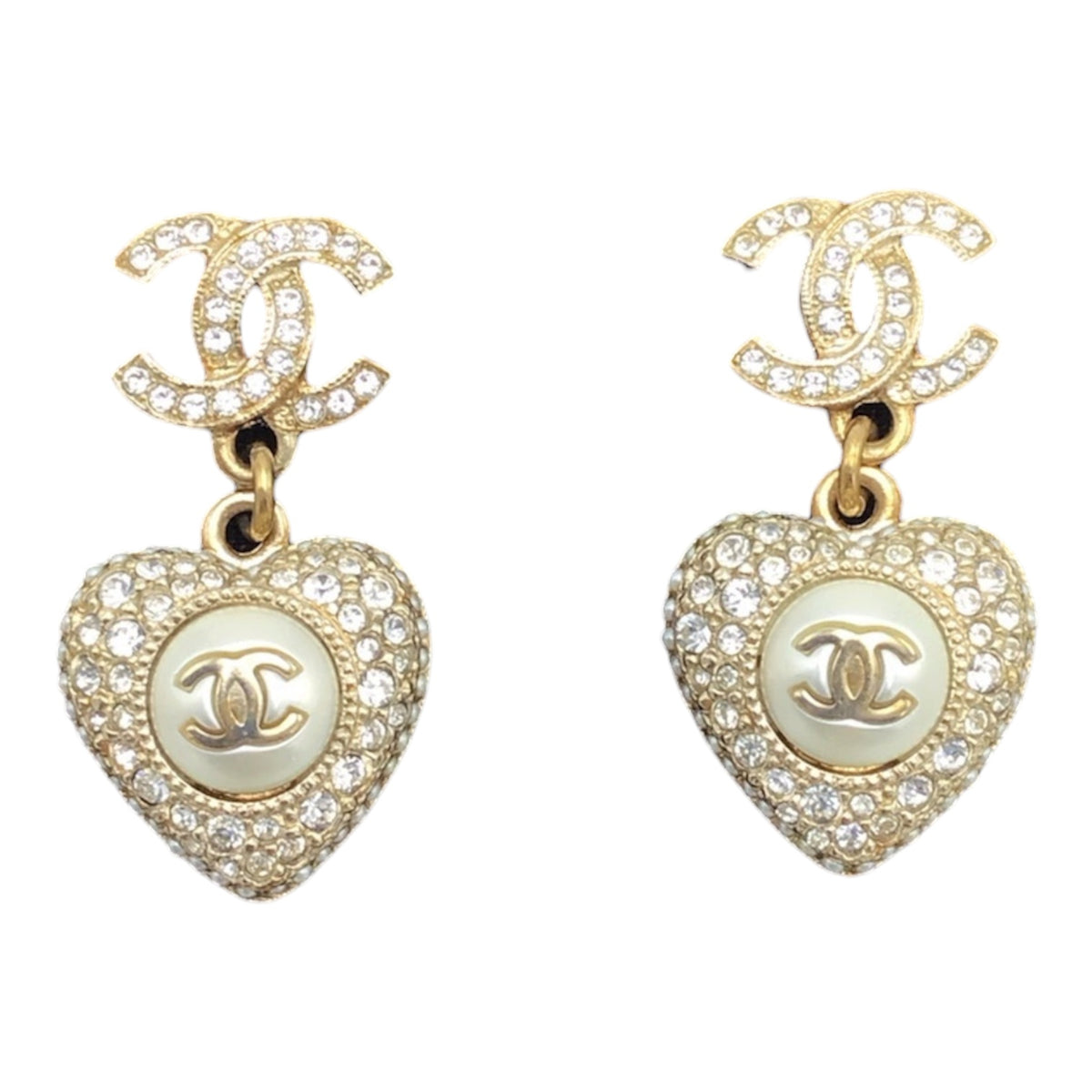 Chanel Crystal Heart Dangle CC Earrings w/ Box - Faux Pearl Light Gold