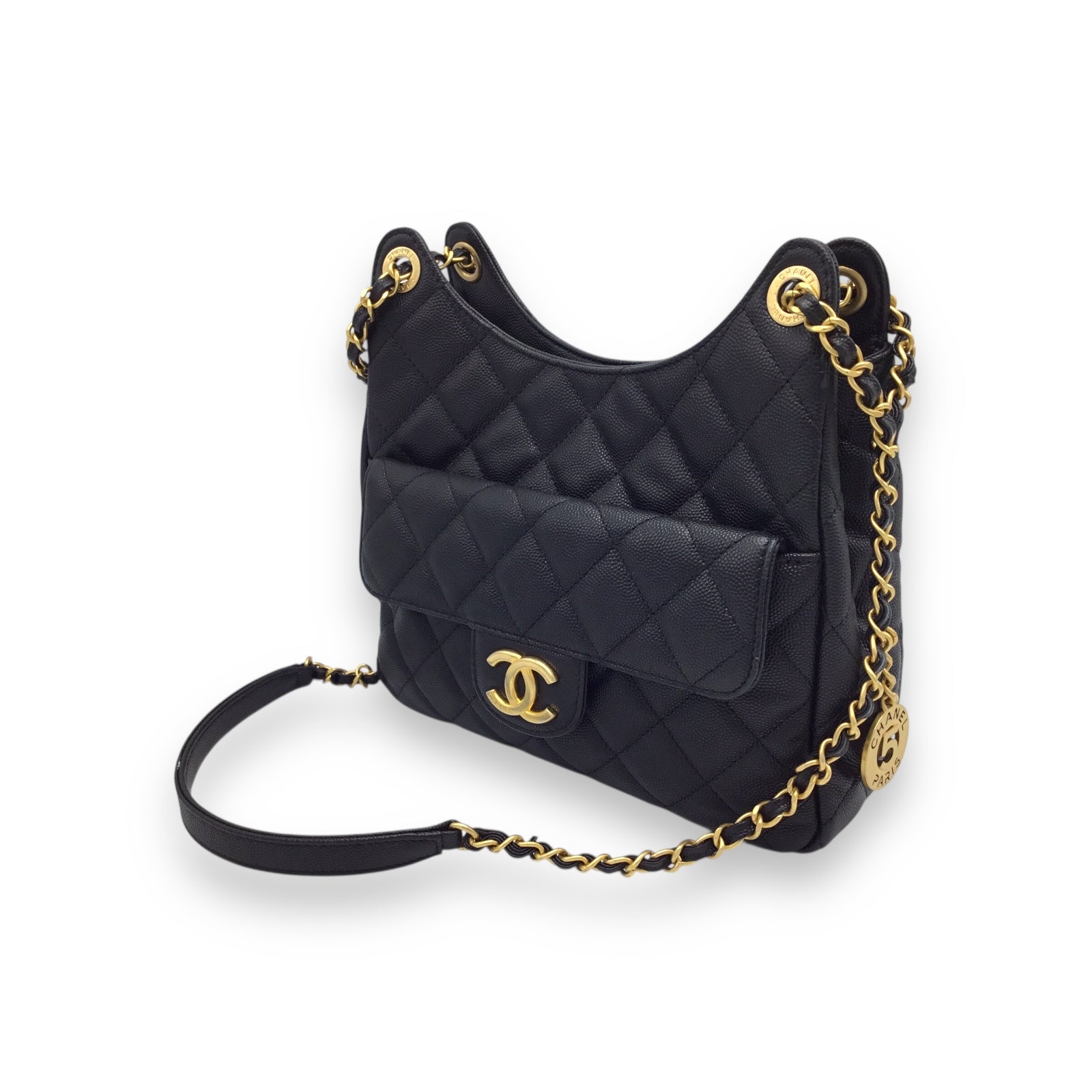 Chanel Hobo Handbag Black Caviar Leather & Gold-Toned Hardware