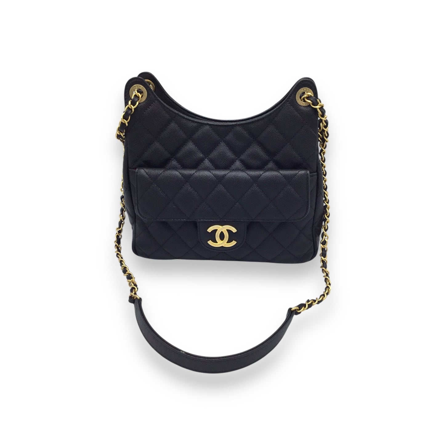 Chanel Hobo Handbag Black Caviar Leather & Gold-Toned Hardware