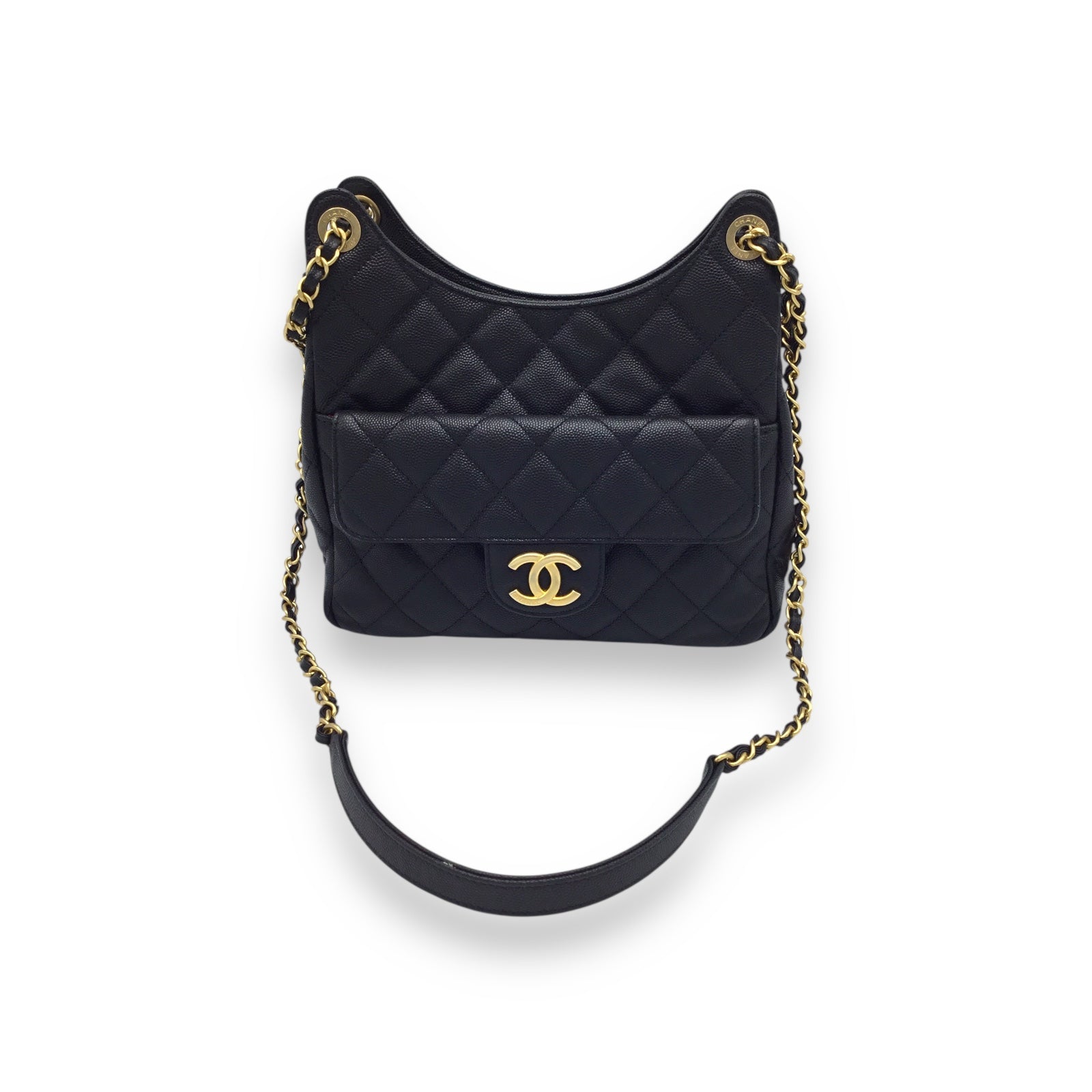 Chanel Hobo Handbag Black Caviar Leather & Gold-Toned Hardware