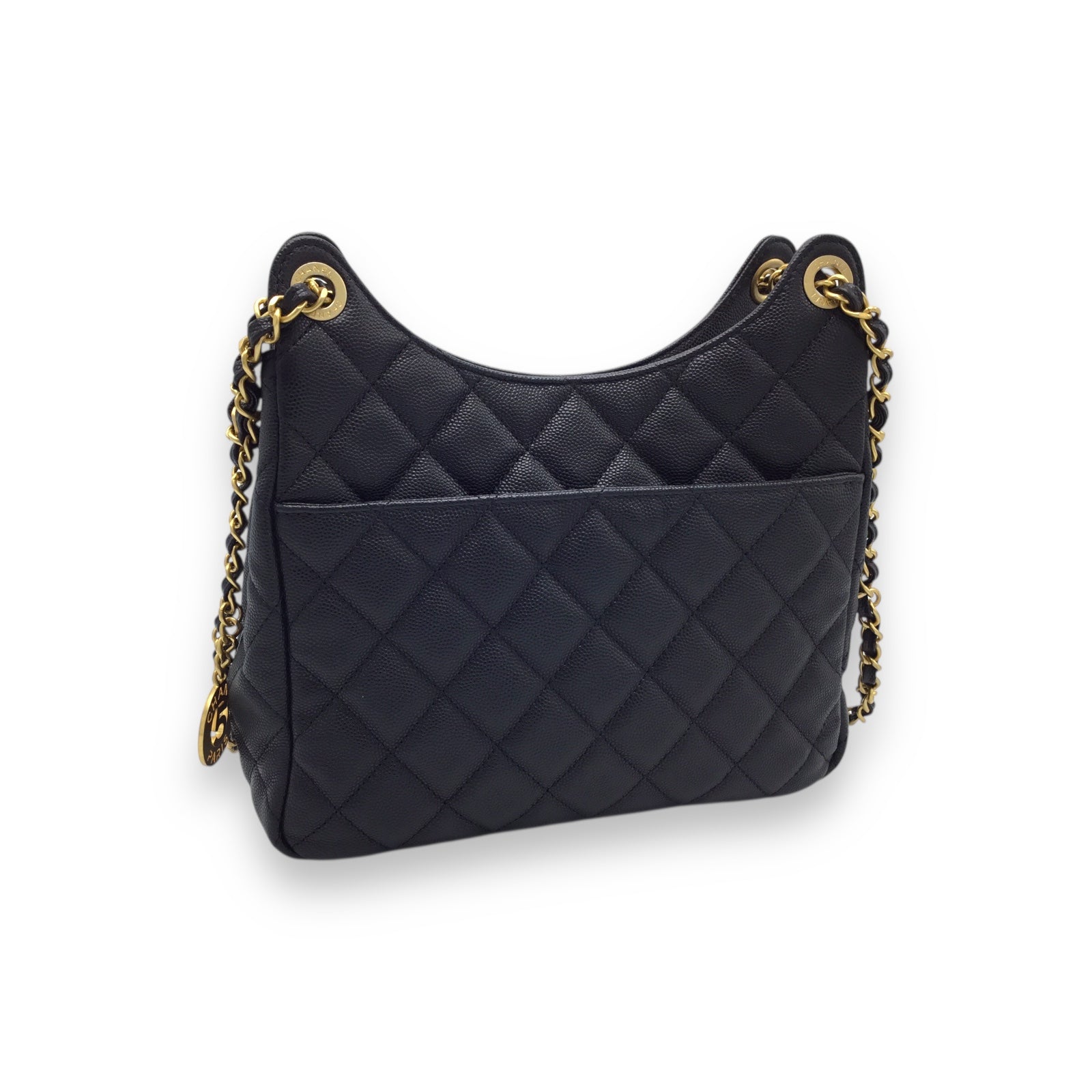 Chanel Hobo Handbag Black Caviar Leather & Gold-Toned Hardware