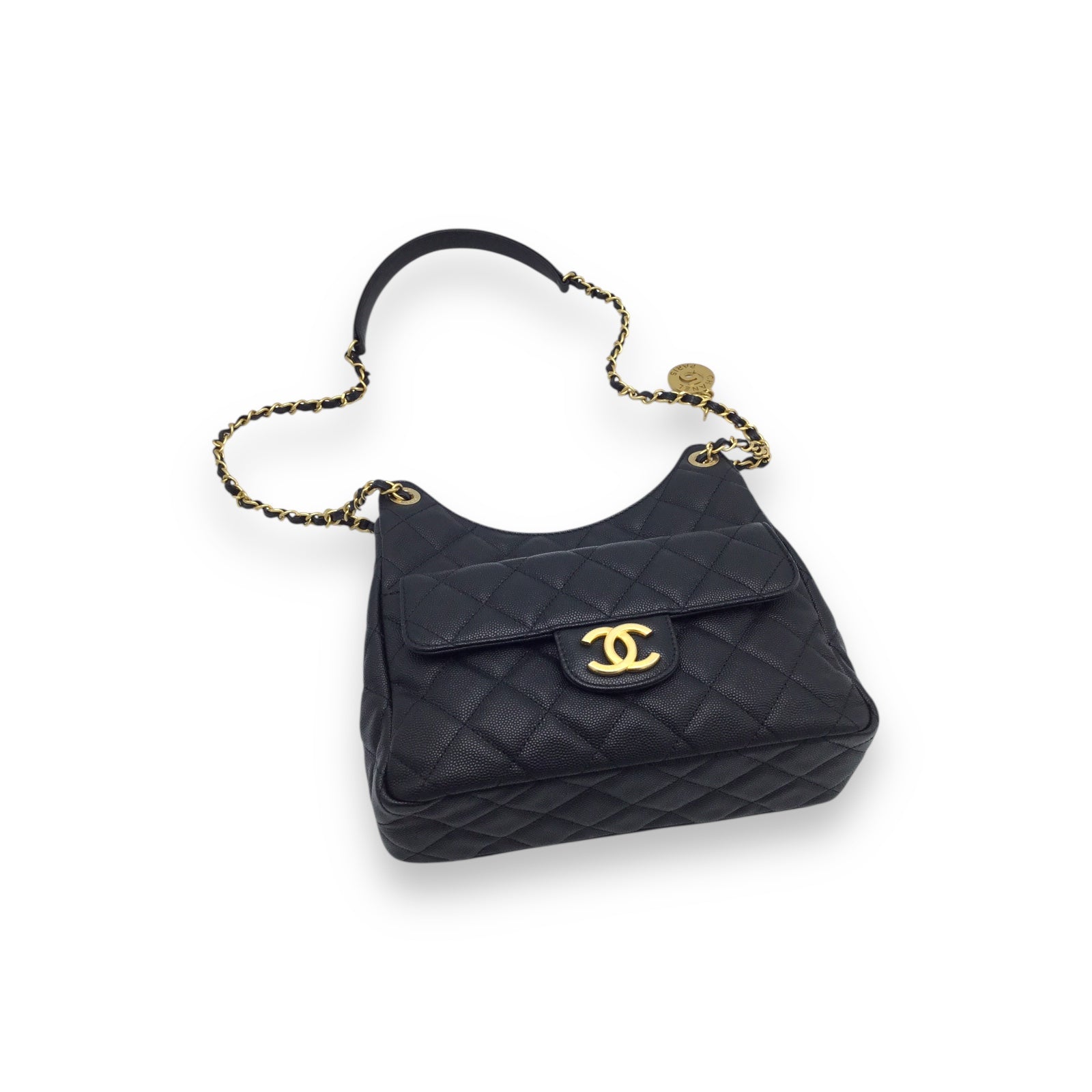 Chanel Hobo Handbag Black Caviar Leather & Gold-Toned Hardware