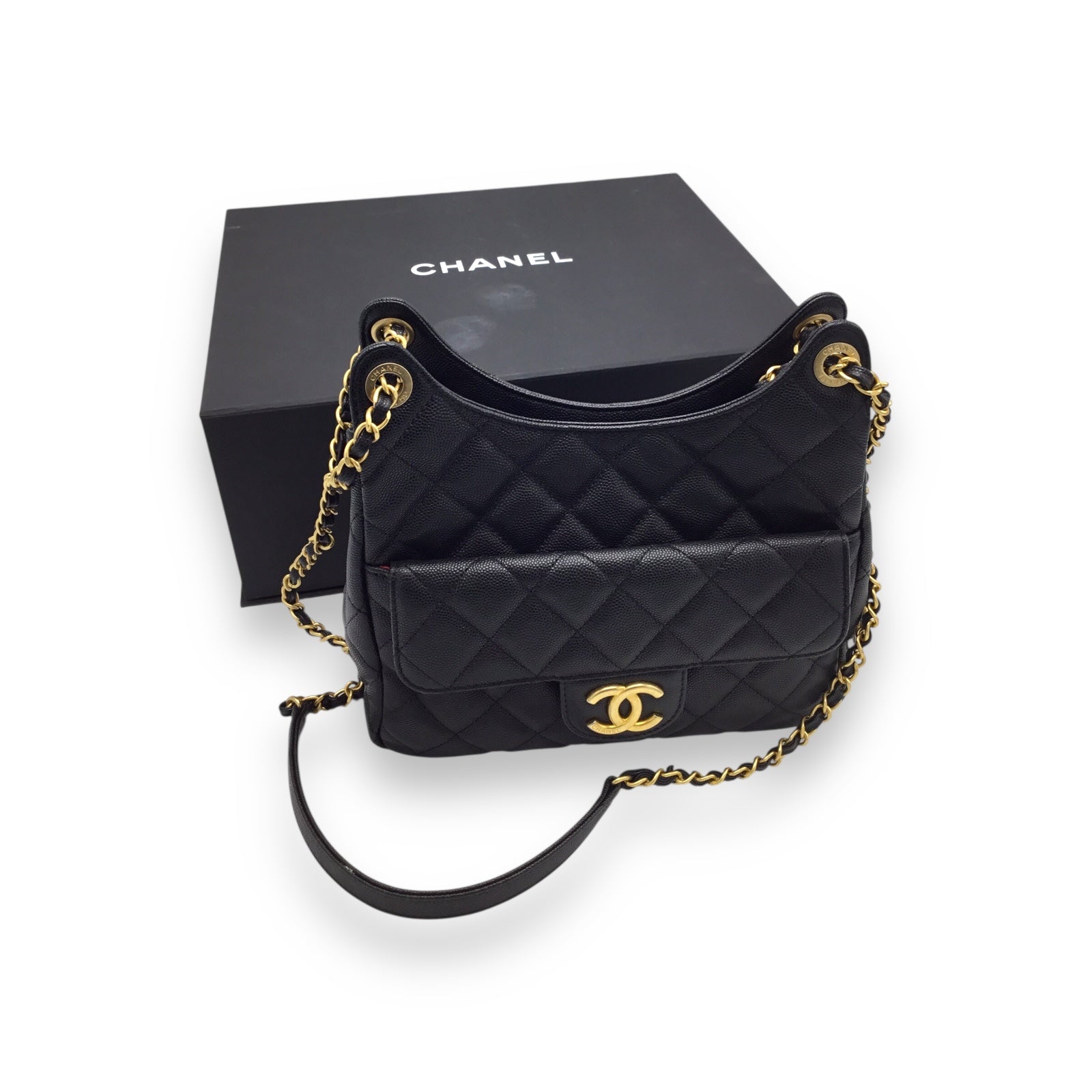 Chanel Hobo Handbag Black Caviar Leather & Gold-Toned Hardware
