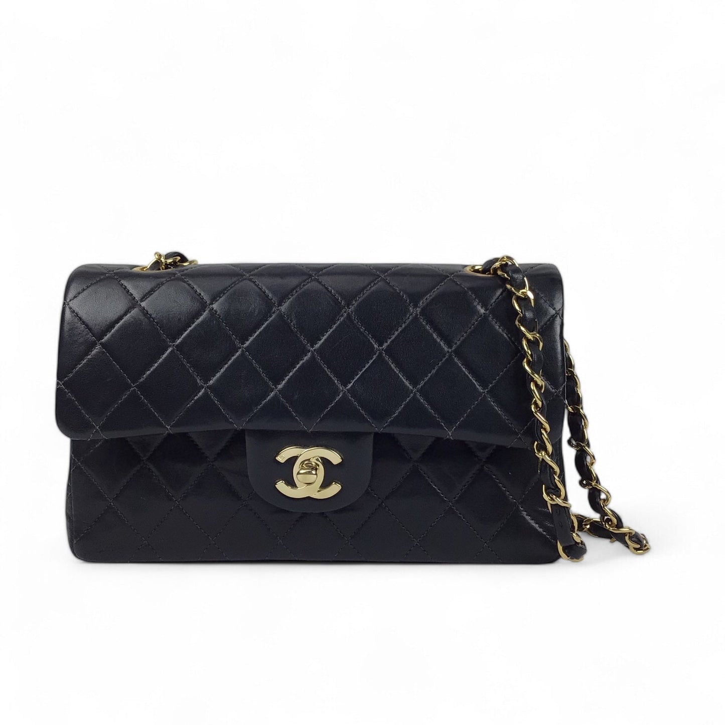 Chanel Small Double Flap Black Lambskin Leather Handbag with Gold Hardware