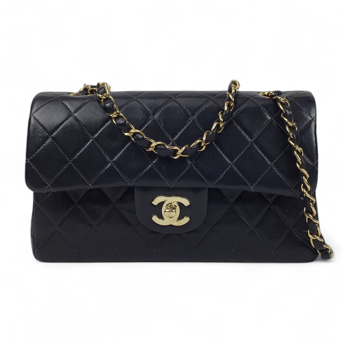 Chanel Small Double Flap Black Lambskin Leather Handbag with Gold Hardware