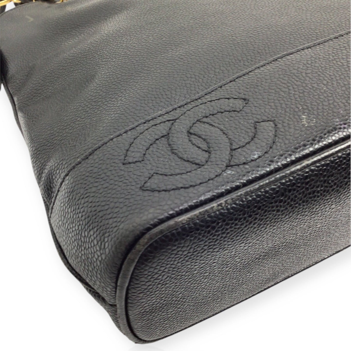 Chanel Vintage Black Caviar Leather CC Logo Shopping Tote