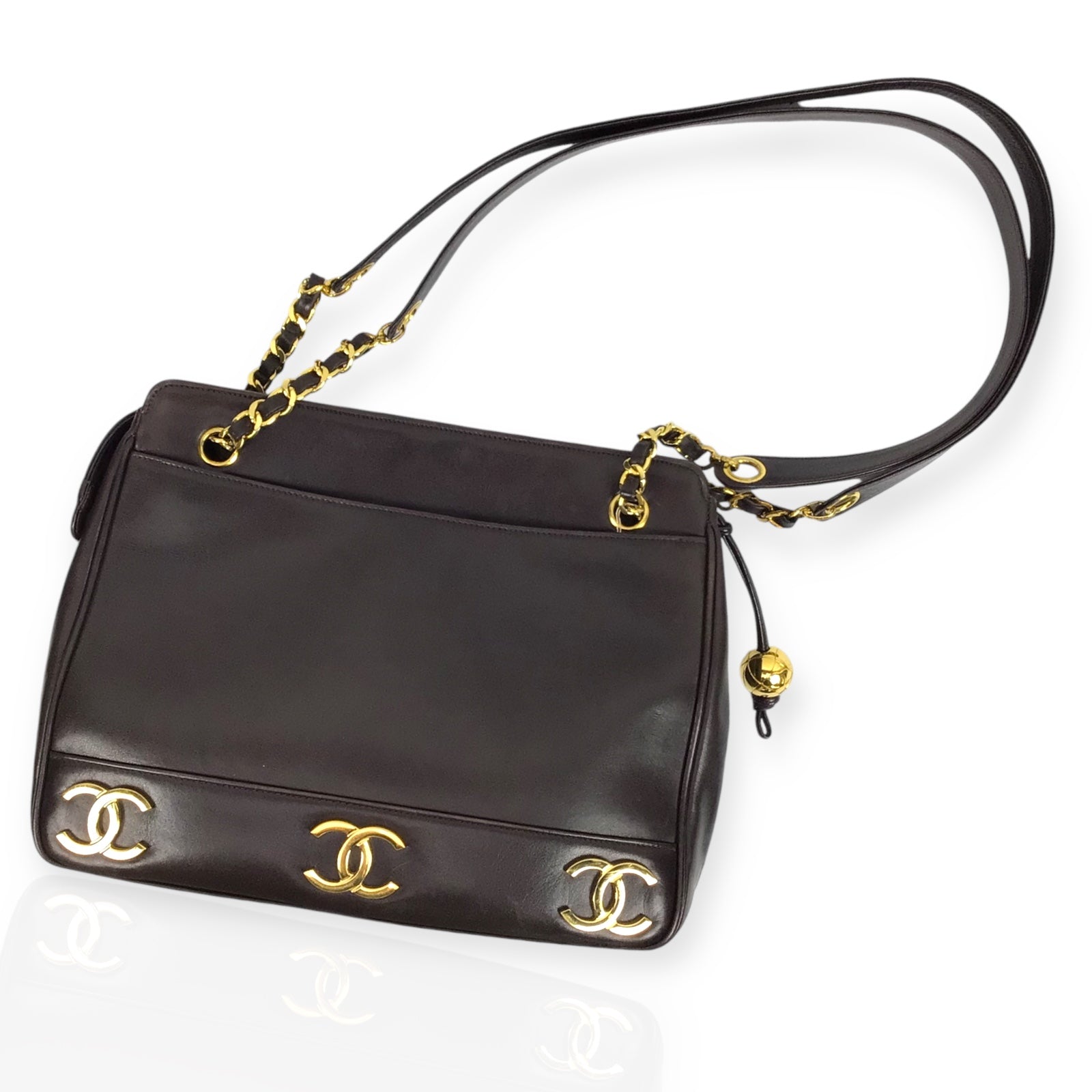 Chanel Vintage CC Dark Brown Leather Shoulder Bag Gold Hardware