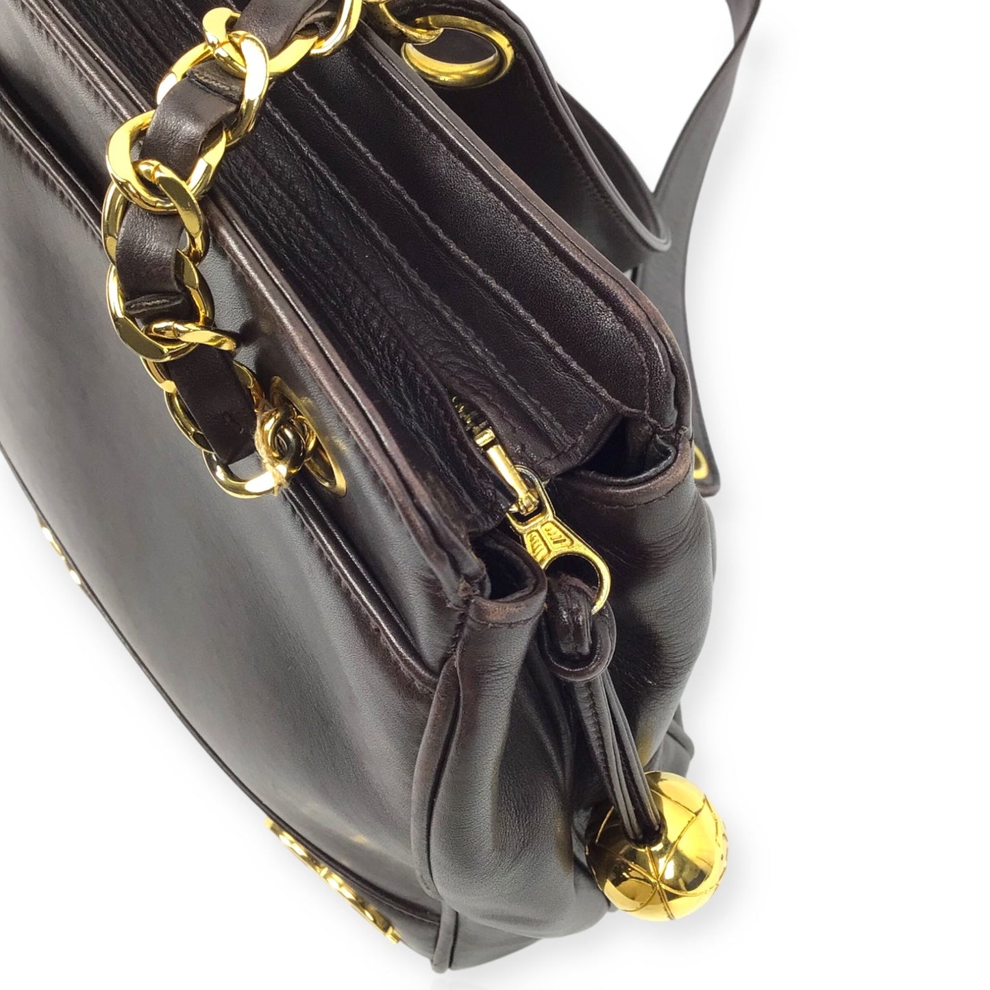 Chanel Vintage CC Dark Brown Leather Shoulder Bag Gold Hardware