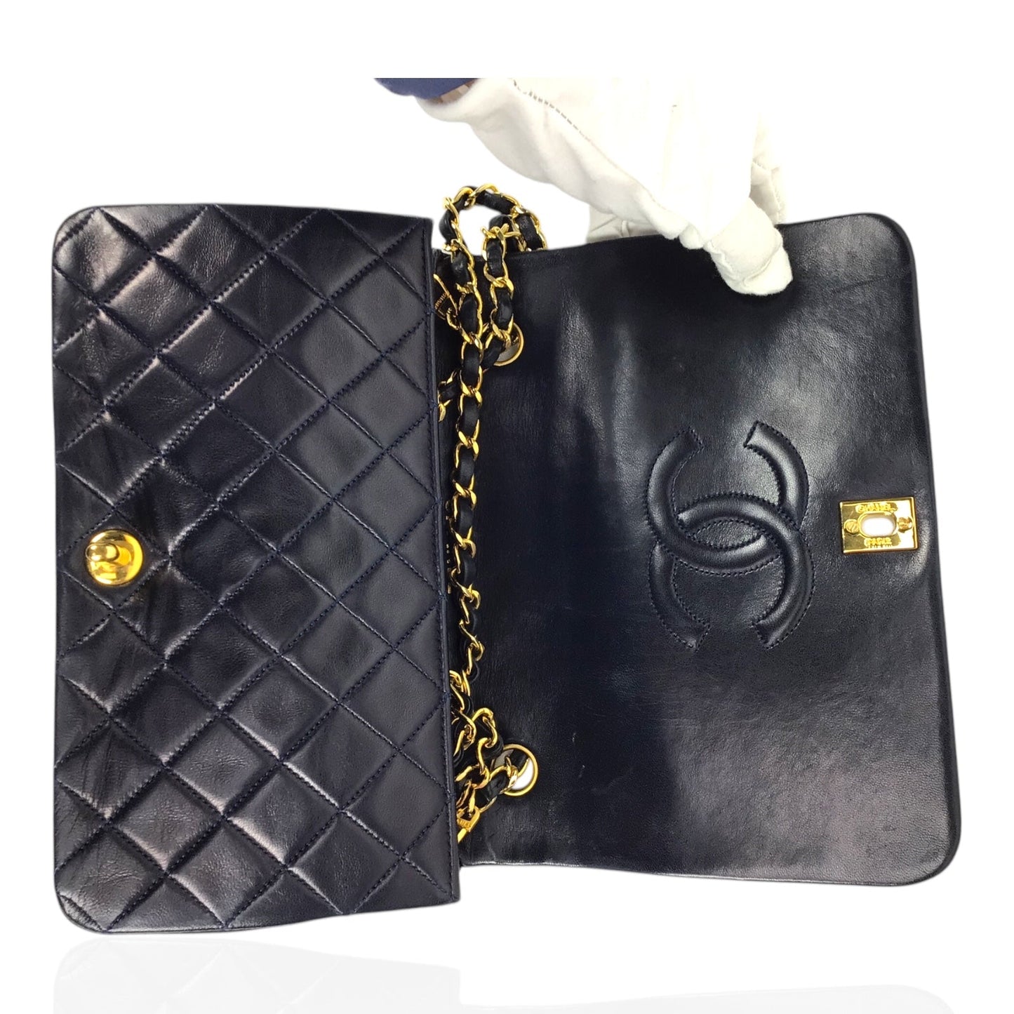 Chanel Vintage Classic Single Flap Navy Lambskin 24K Gold Hardware