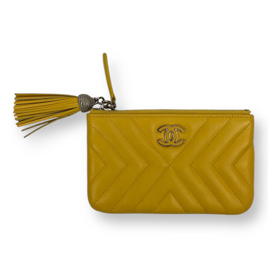 Chanel Yellow Chevron Caviar Cosmetic Pouch w/Silver CC Logo