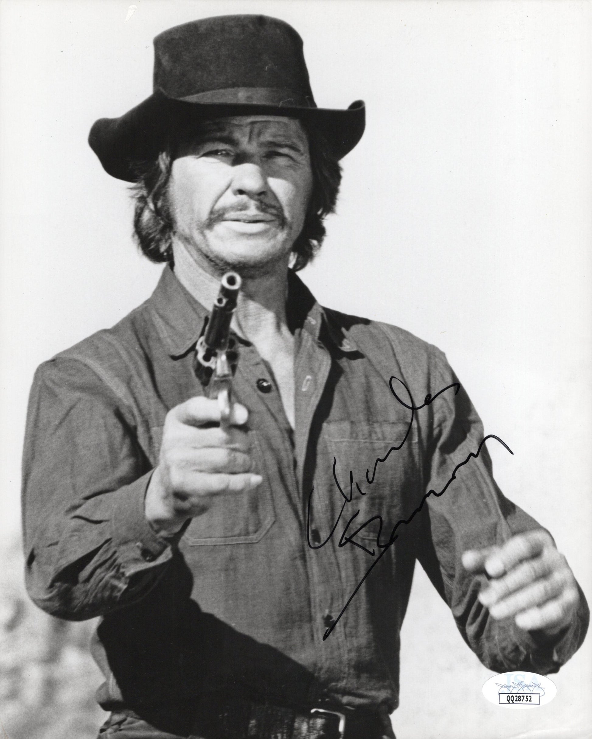 Charles Bronson in Western with Gun B&W Signed Photo 8x10 JSA Certified Authentic QQ28752