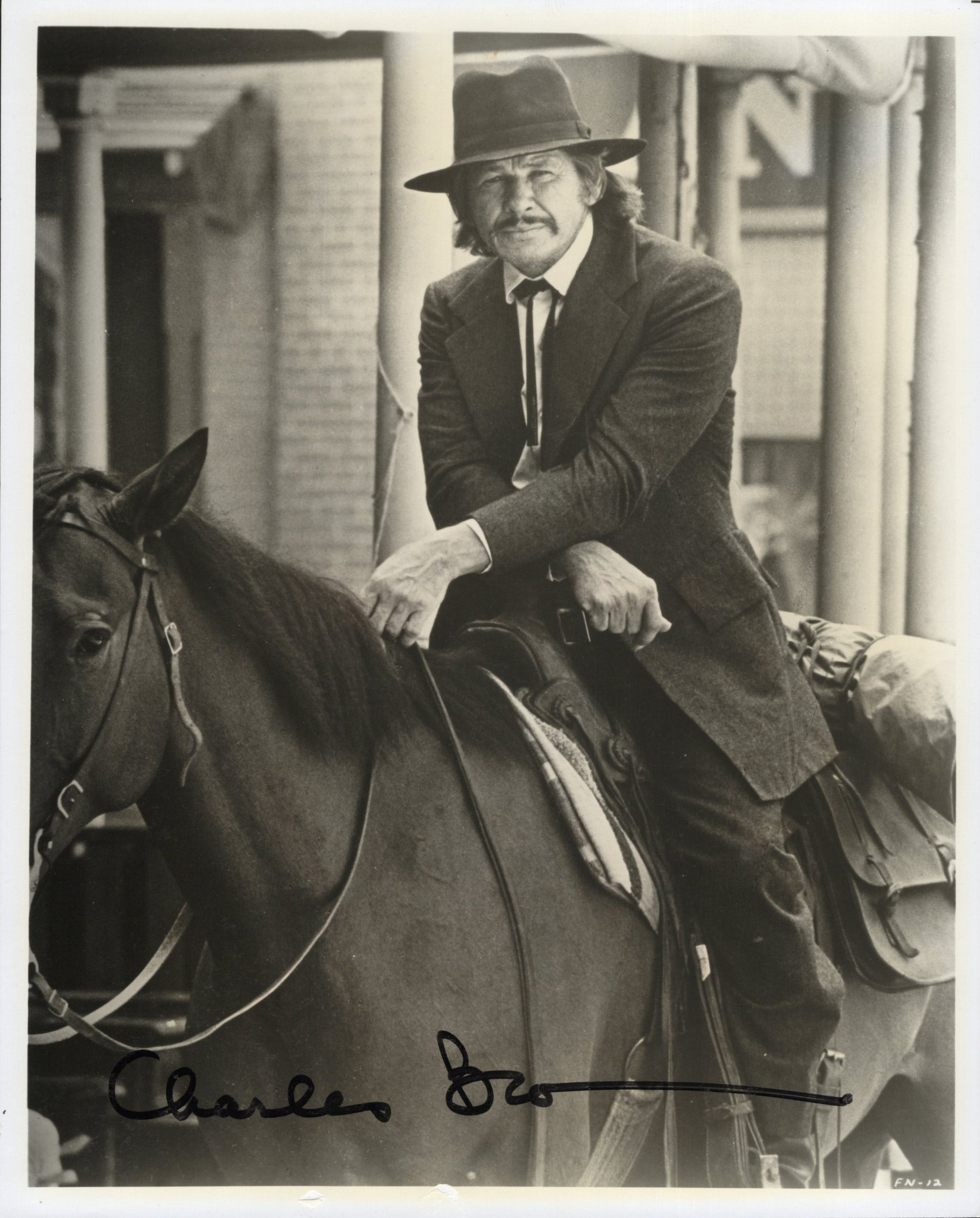 Charles Bronson on Horse Signed Photo B&W 8x10