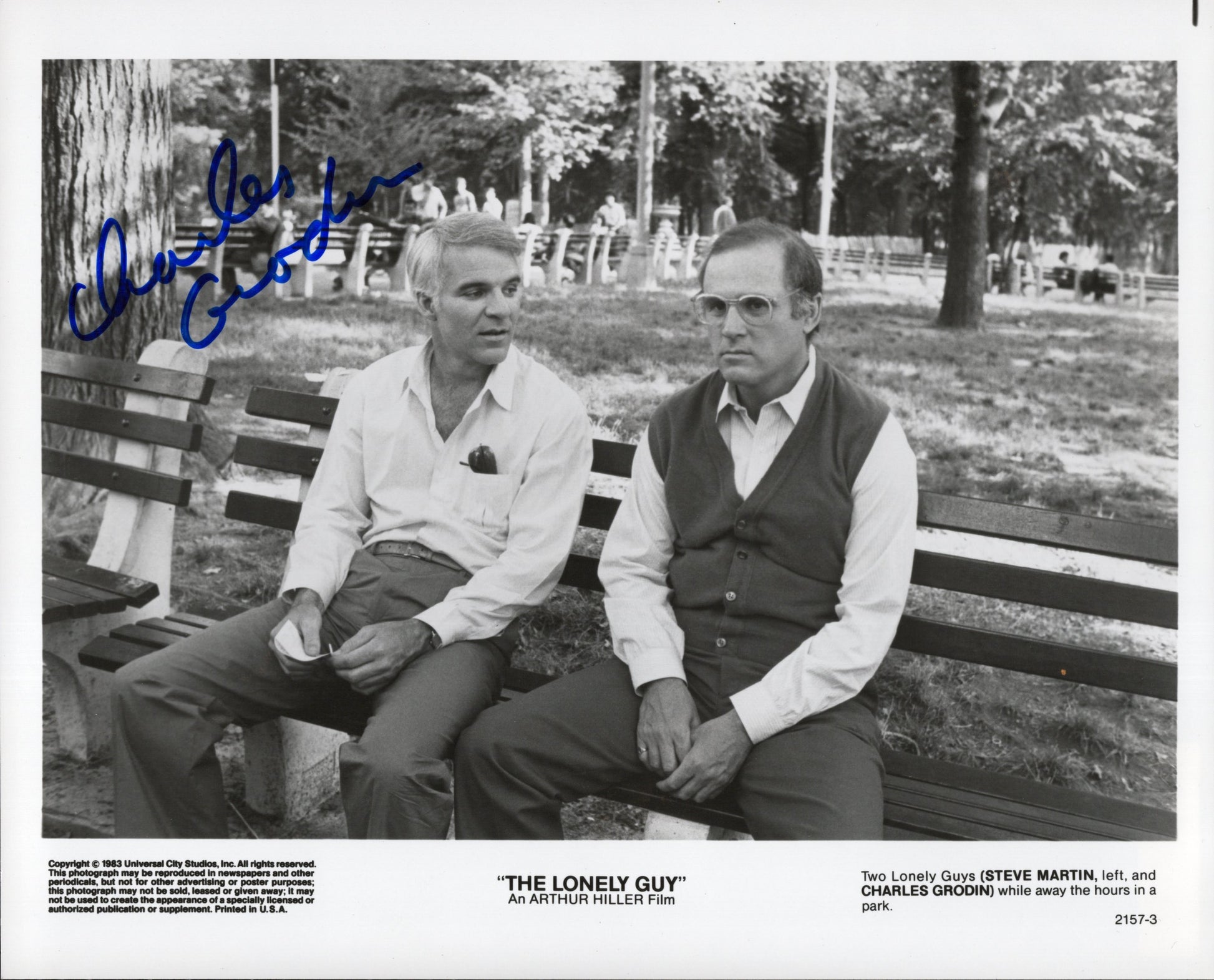 Charles Grodin Signed Photo 8x10, Charles Grodin Autograph as Warren in The Lonely Guy B&W Movie Promo on bench with Steve Martin, PSA Letter Certified Authentic