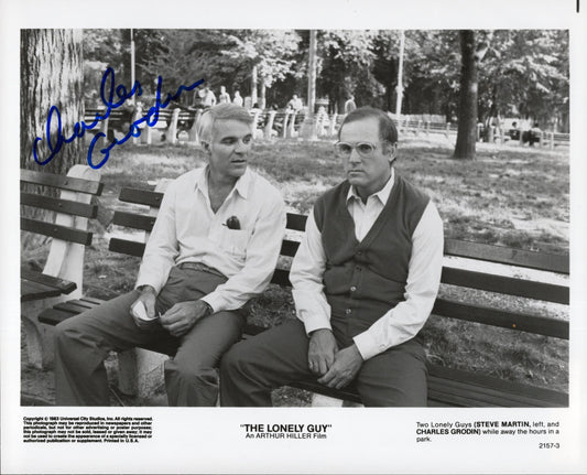Charles Grodin Signed Photo 8x10, Charles Grodin Autograph as Warren in The Lonely Guy B&W Movie Promo on bench with Steve Martin, PSA Letter Certified Authentic