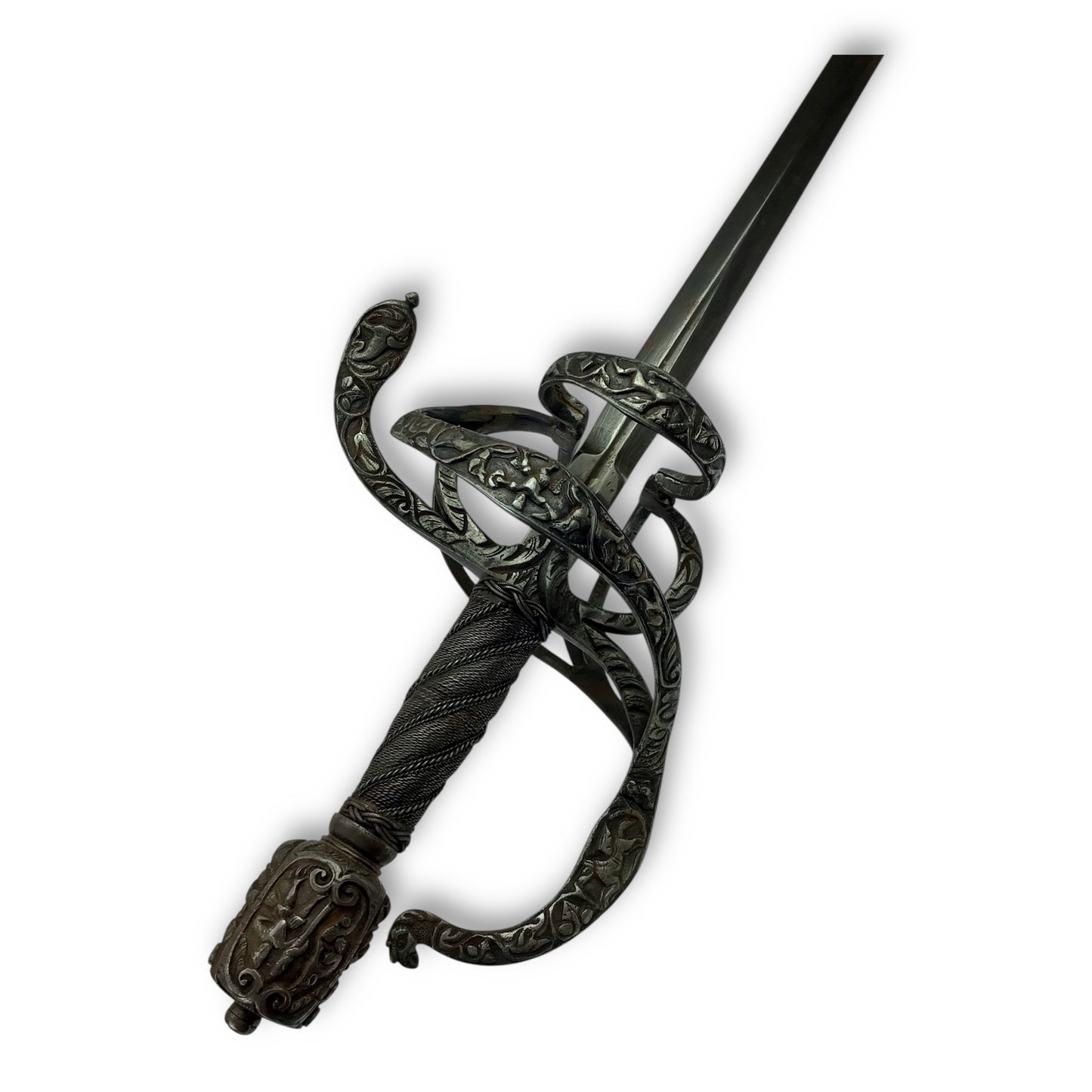 Chiseled Swept-Hilt Rapier - Damascus Blade and ornate Gold Inlays