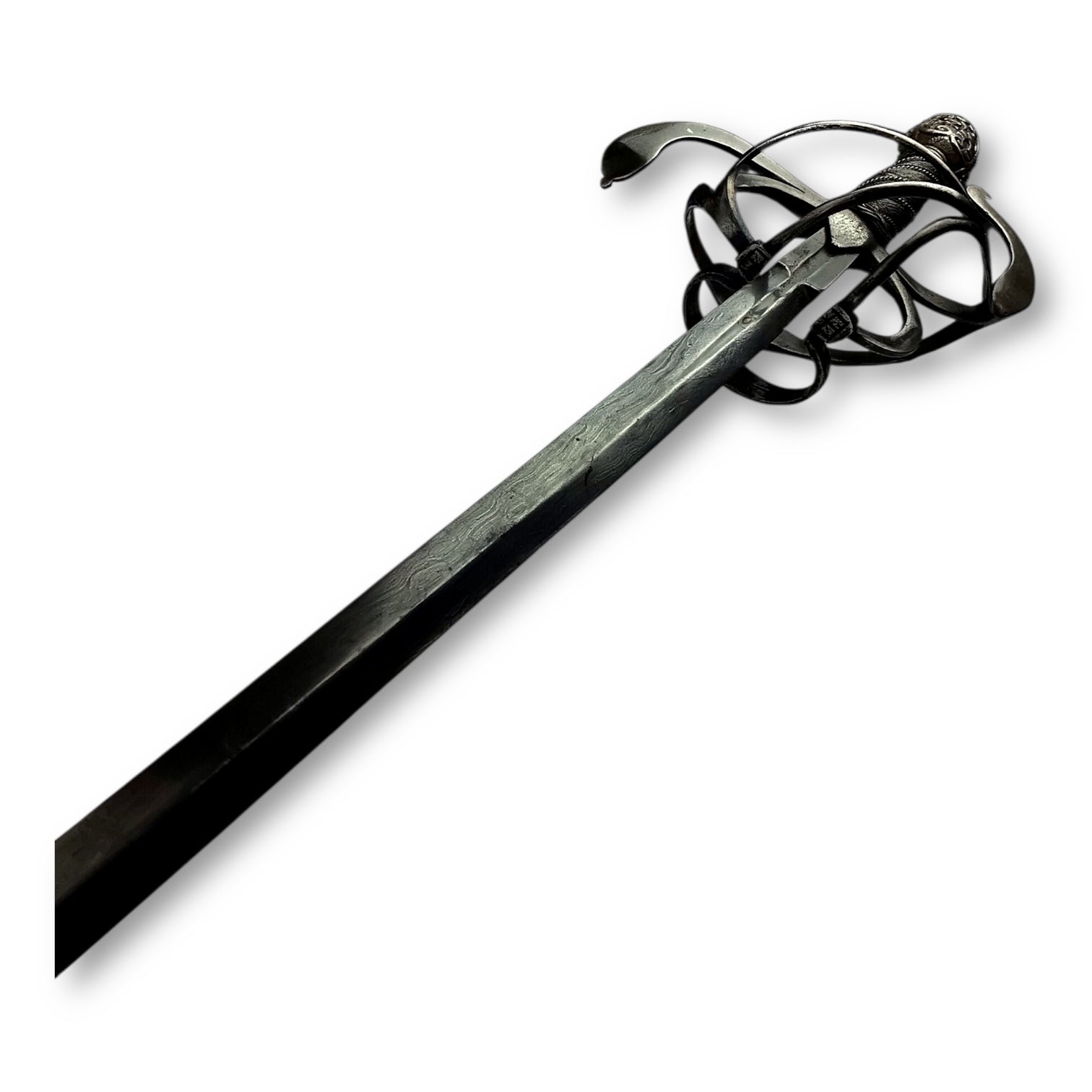 Chiseled Swept-Hilt Rapier - Damascus Blade and ornate Gold Inlays