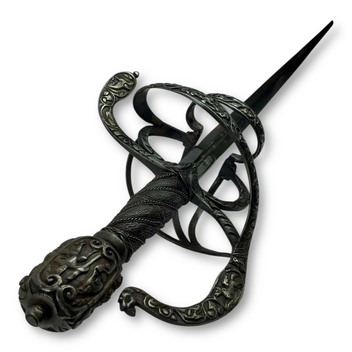 Chiseled Swept-Hilt Rapier - Damascus Blade and ornate Gold Inlays